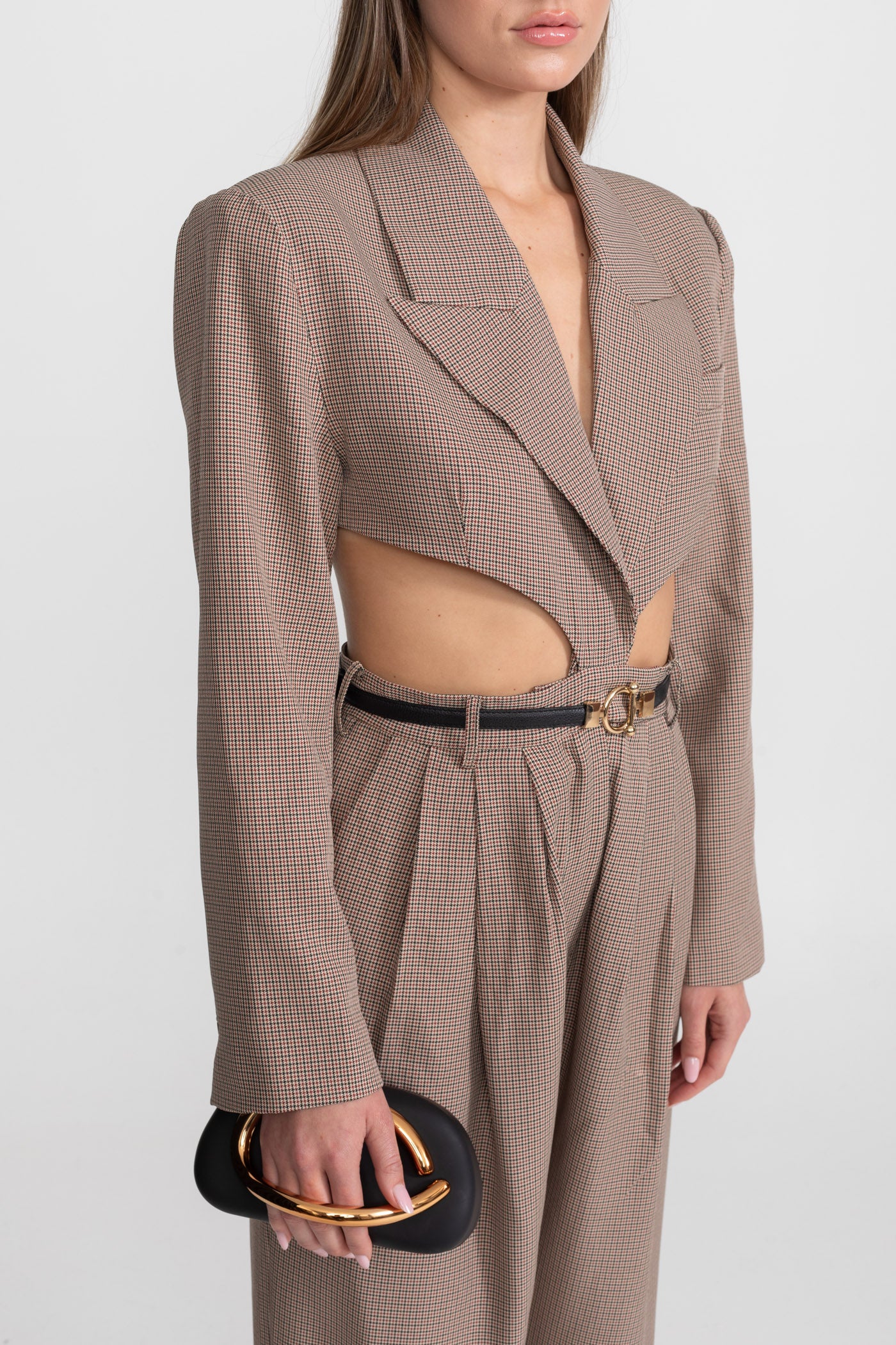 Cut-Out Suit Set With Slim Black Waistbelt – Taupe Check