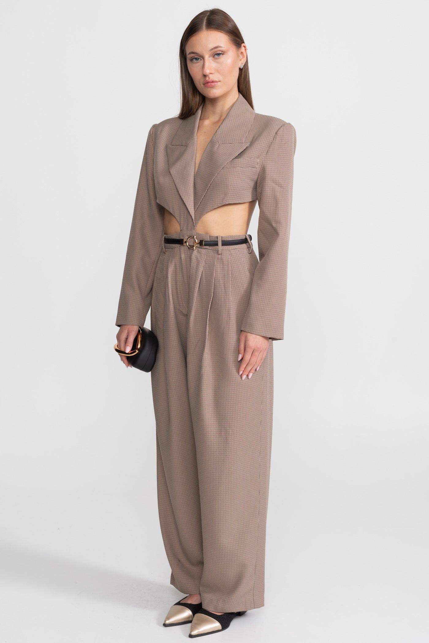 Cut-Out Suit Set With Slim Black Waistbelt – Taupe Check