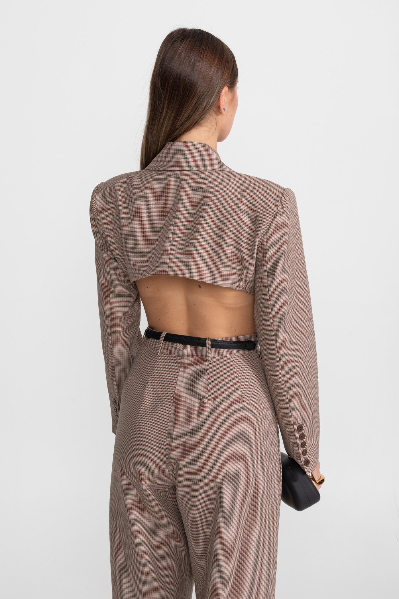 Cut-Out Suit Set With Slim Black Waistbelt – Taupe Check