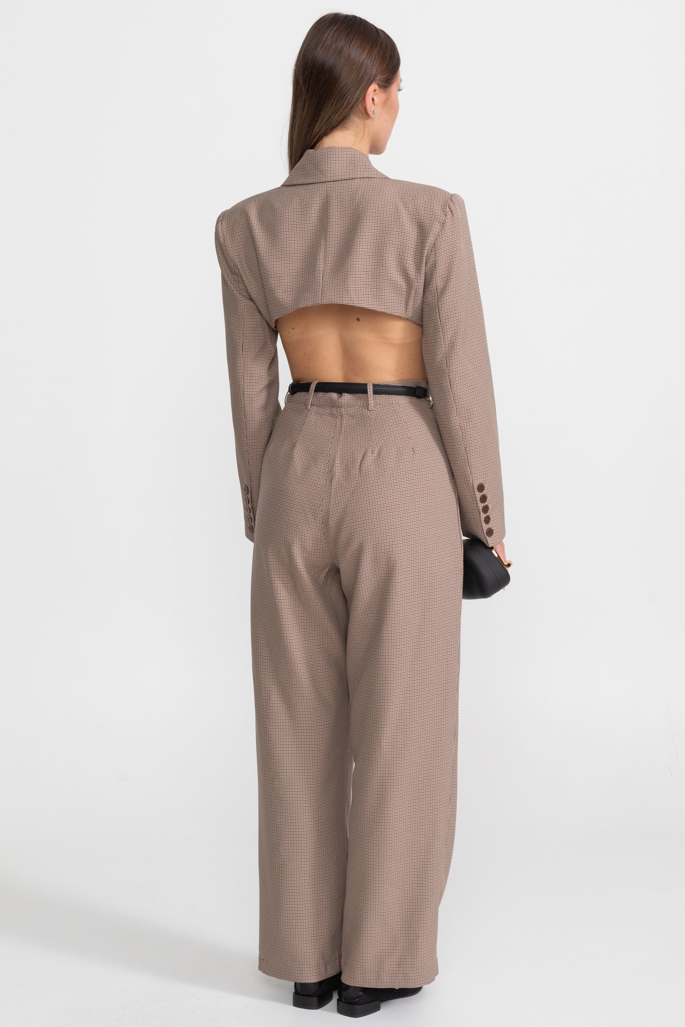 Cut-Out Suit Set With Slim Black Waistbelt – Taupe Check