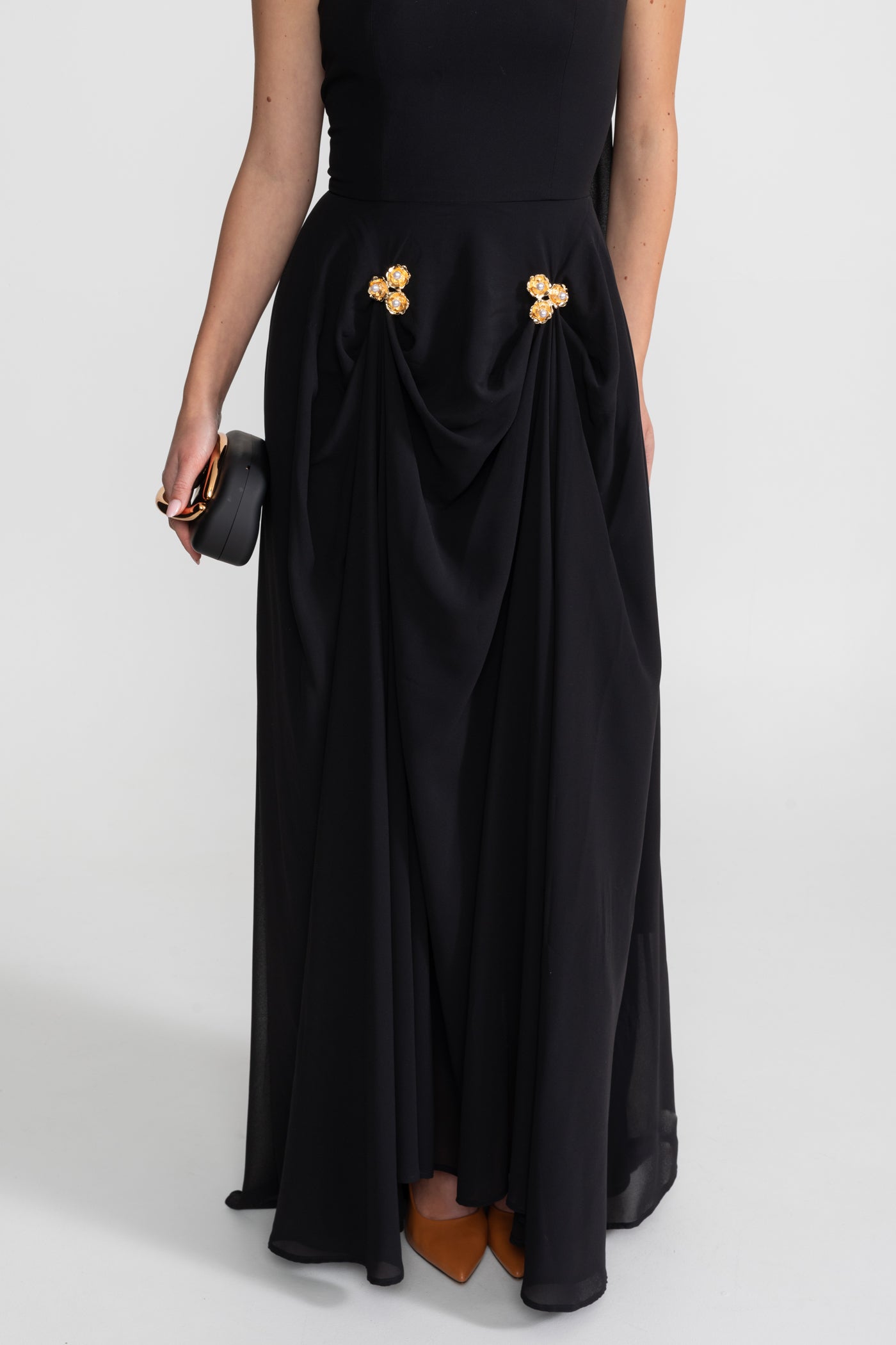 Strapless Draped Gown With Gold Flower Embellishments – Black
