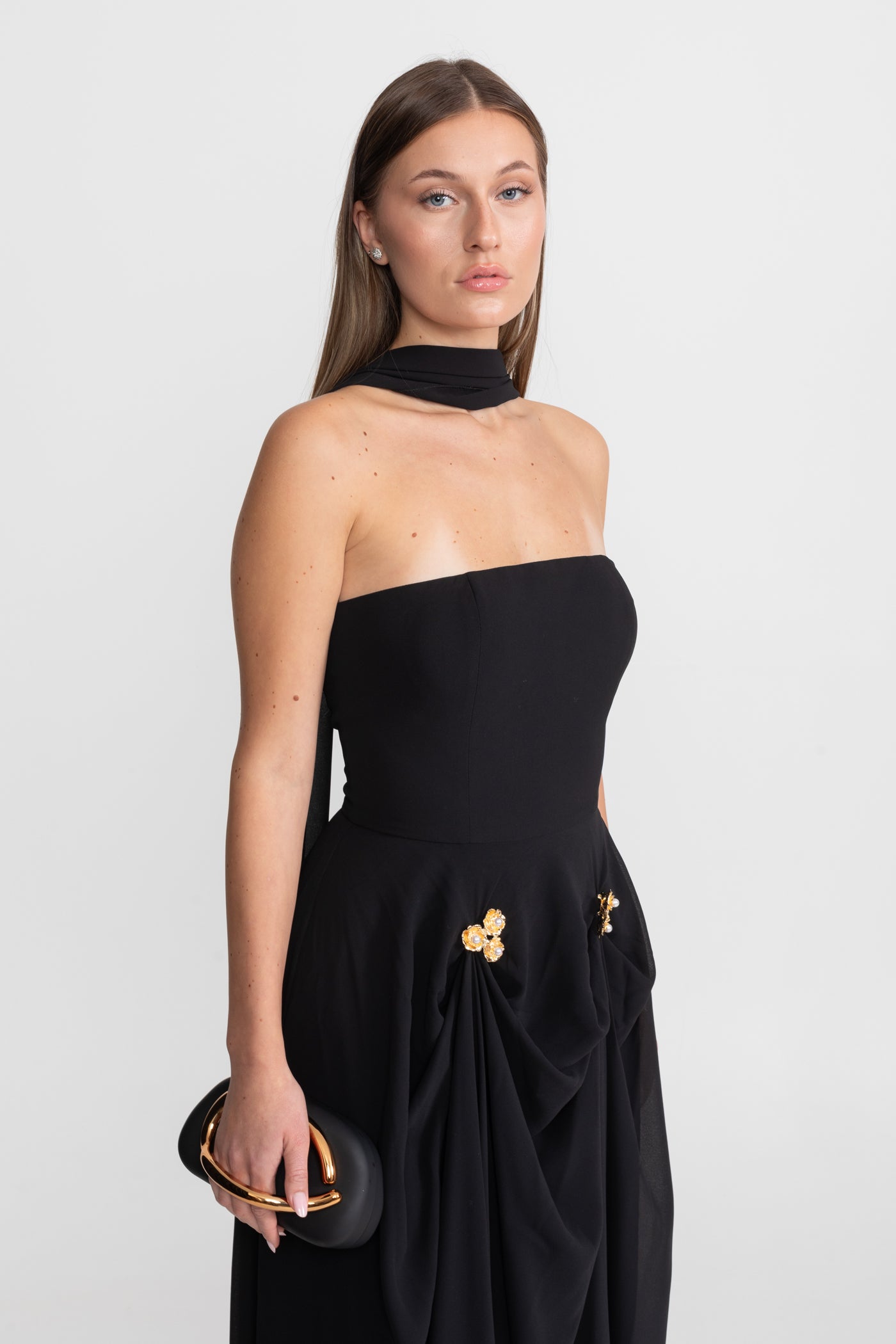 Strapless Draped Gown With Gold Flower Embellishments – Black