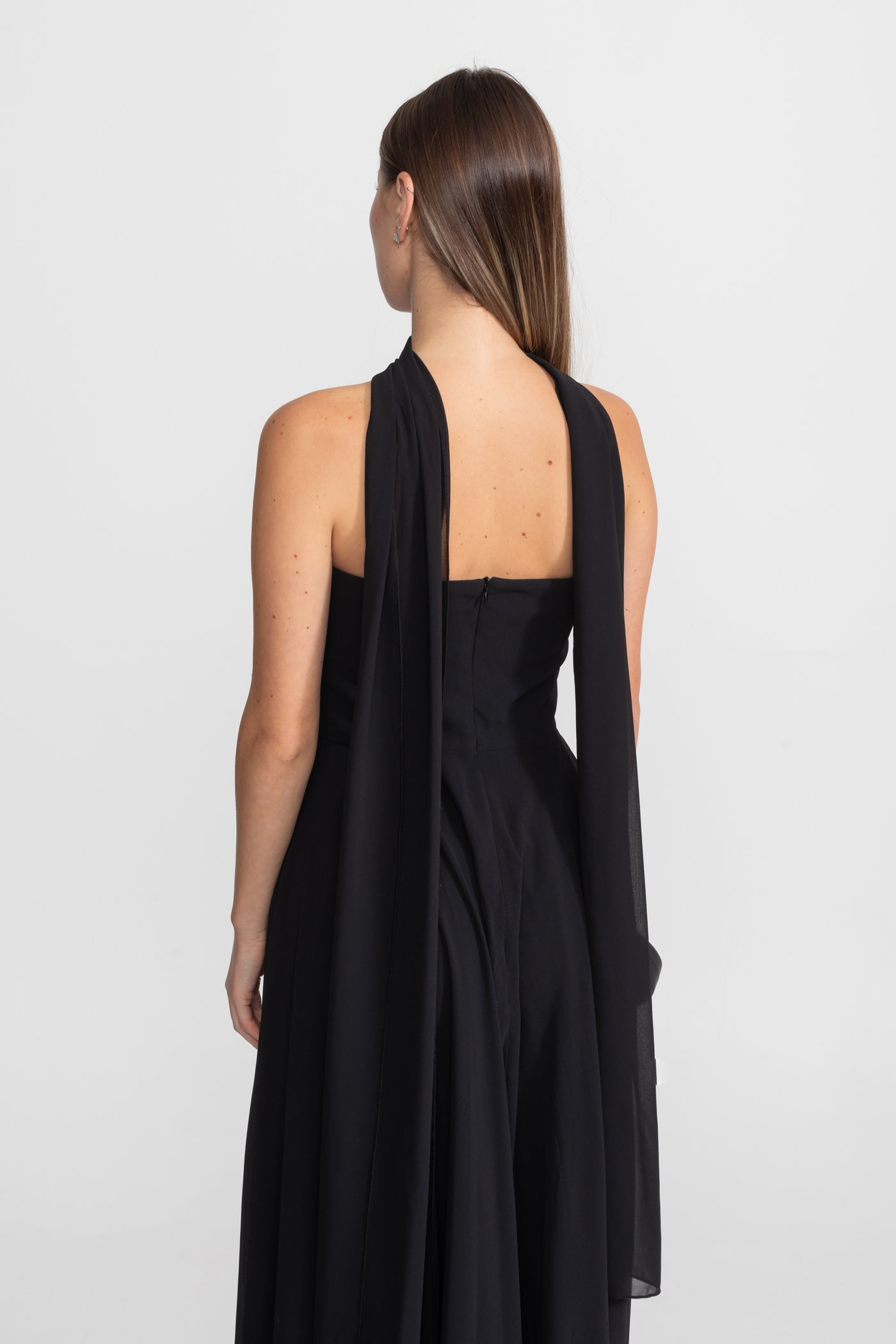 Strapless Draped Gown With Gold Flower Embellishments – Black
