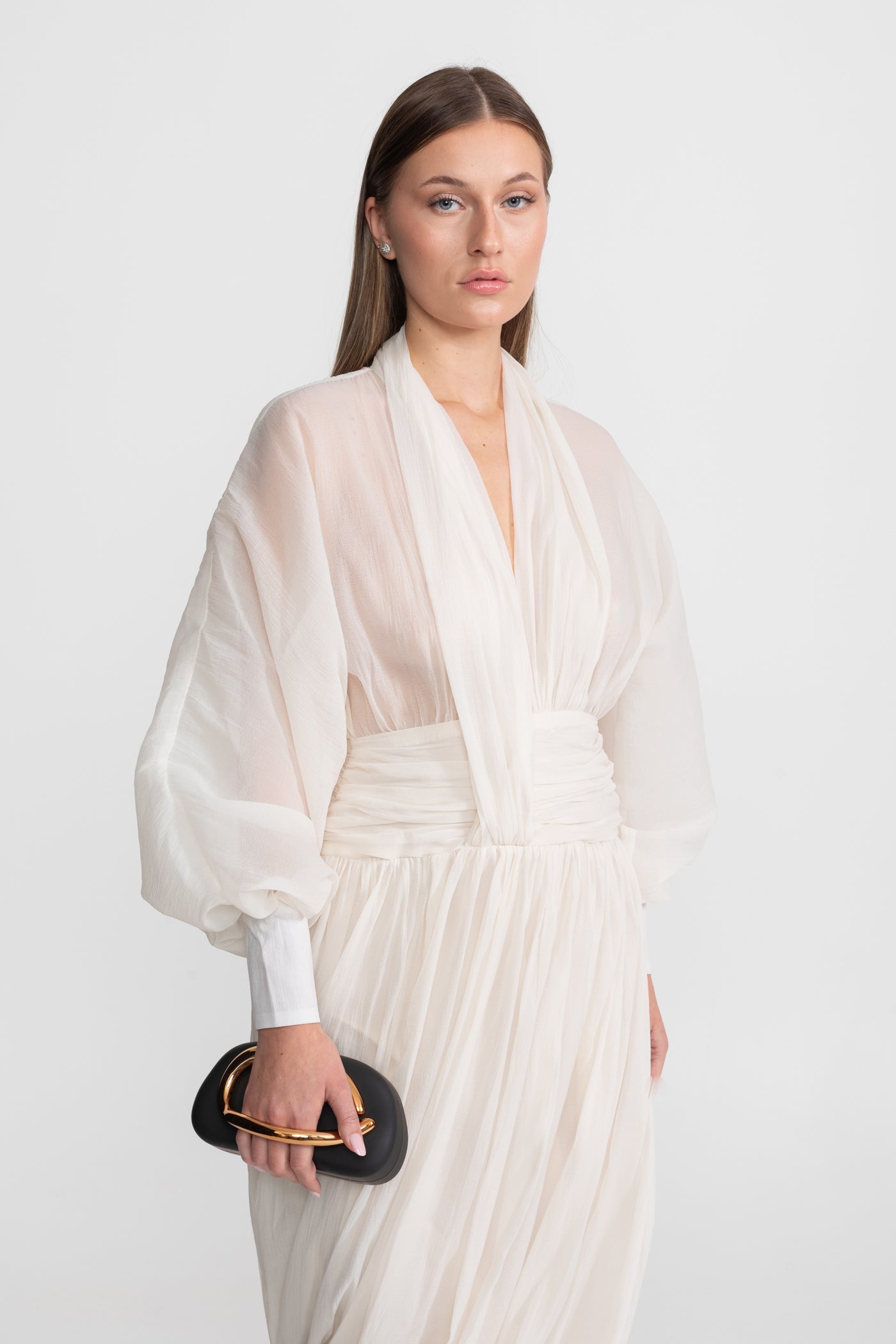 Draped Chiffon Maxi Dress With Long Bishop Sleeves – Ivoire