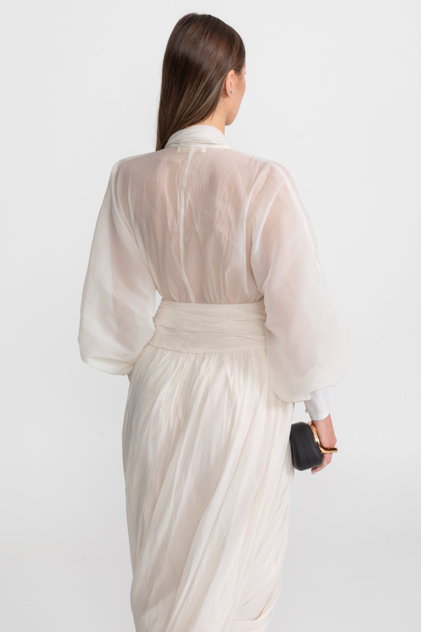 Draped Chiffon Maxi Dress With Long Bishop Sleeves – Ivoire