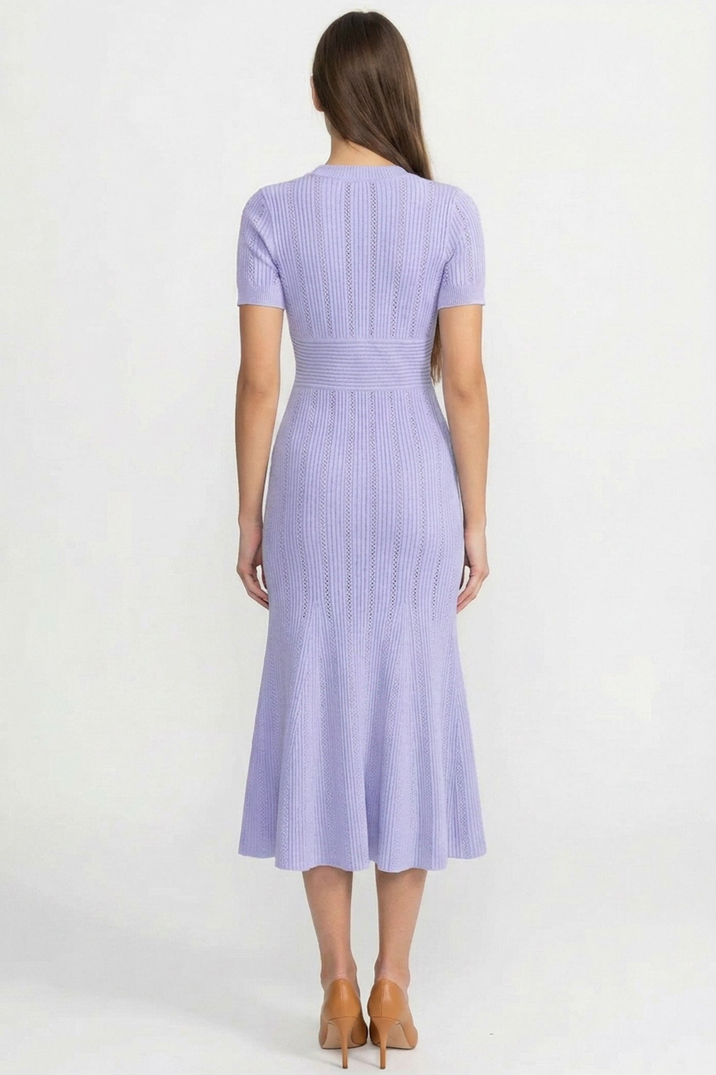 Ribbed Short Sleeve Midi Dress With Gold Button V-Neckline - Lilac