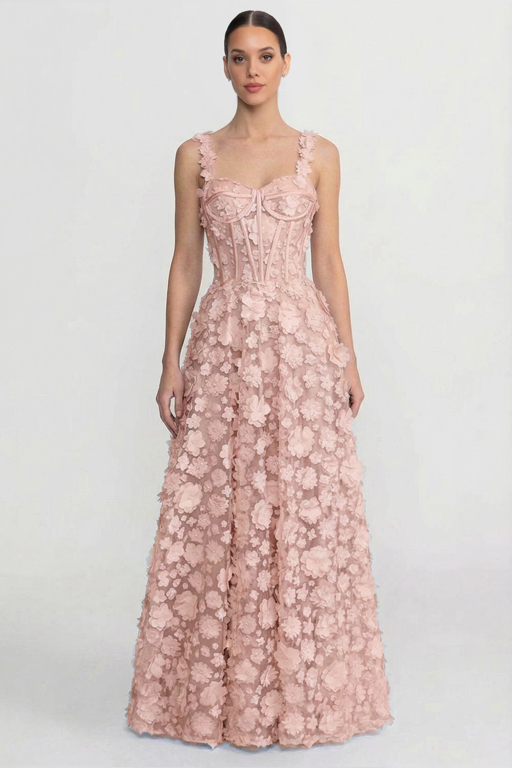 Floral Appliqué Maxi Dress With Corset Bodice - Pink