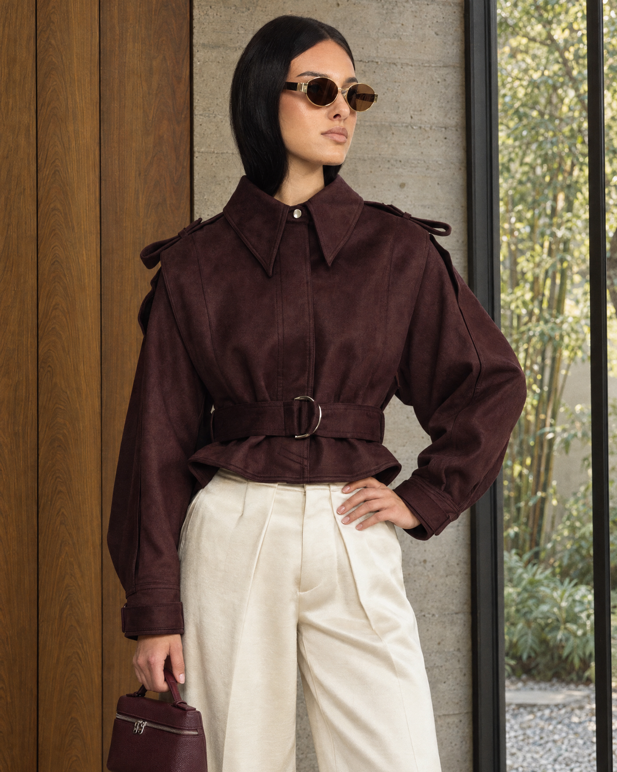 Suede Belted Cape Jacket - Burgundy
