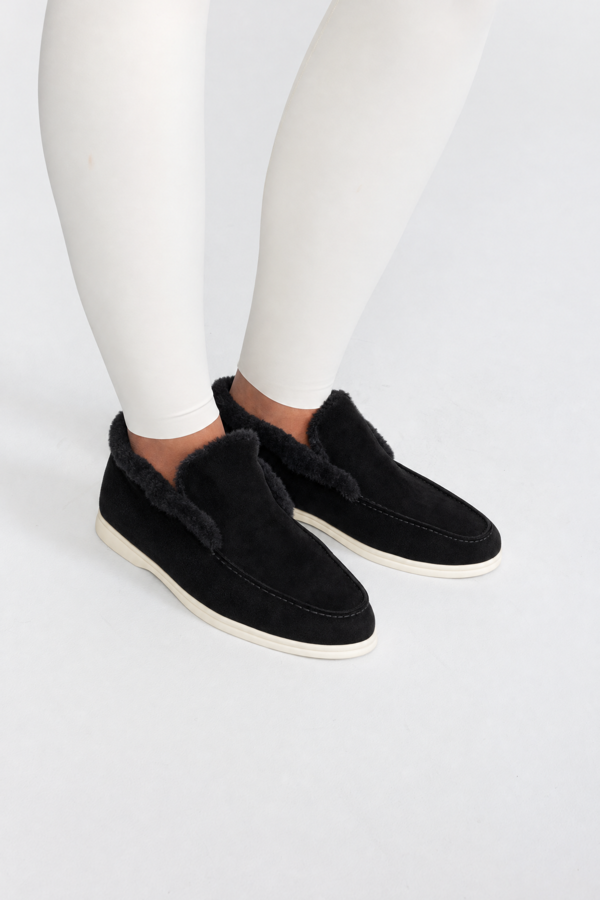 Plush Lined Suede-Effect Loafers - Black