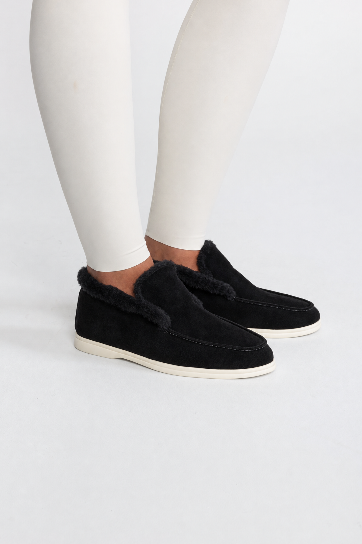 Plush Lined Suede-Effect Loafers - Black