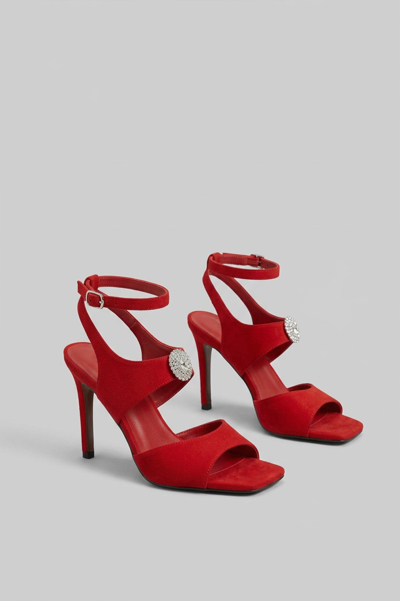 Suede High Heel Sandals With Crystal Embellished Detail - Red