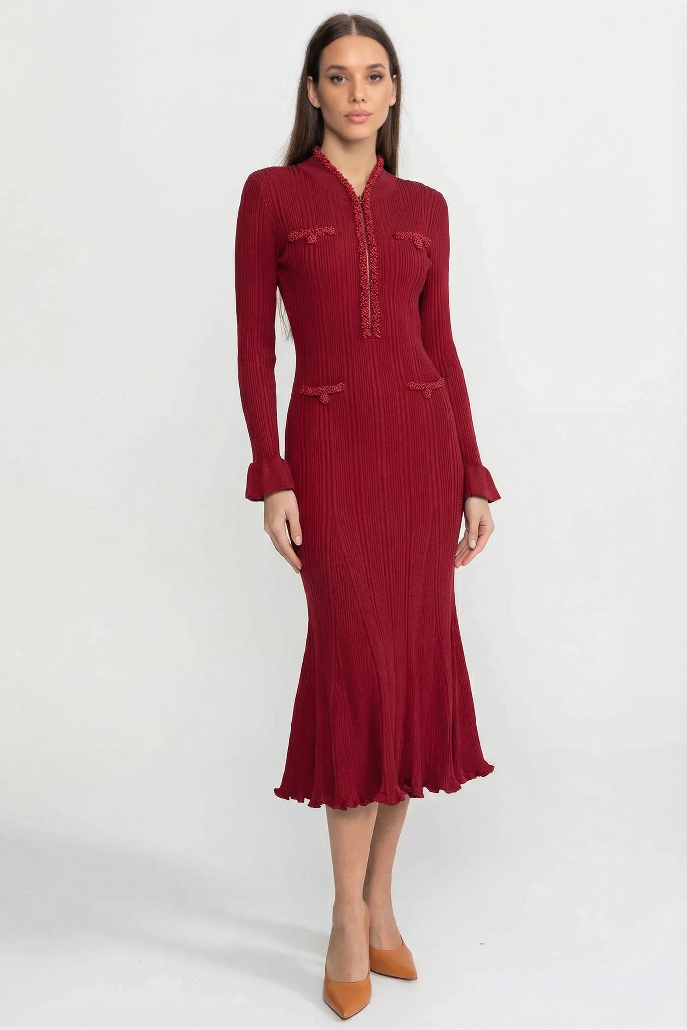 Ribbed Long Sleeve Midi Dress With Braided Trim Details - Burgundy