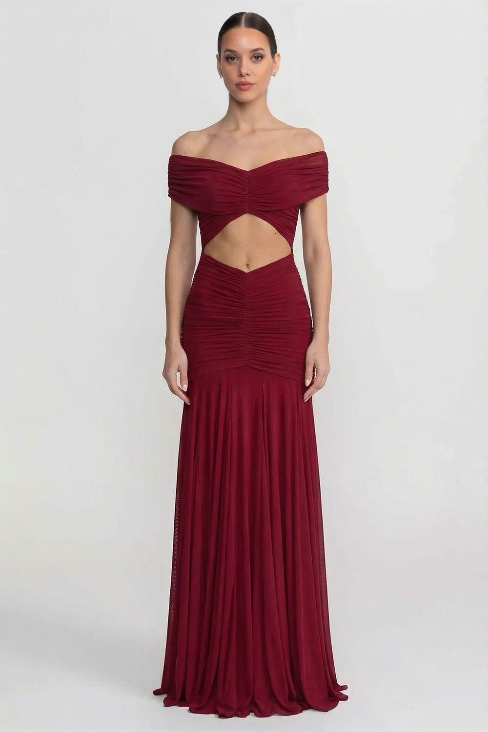 Ruched Off-The-Shoulder Maxi Dress With Cut-Out Waist - Crimson
