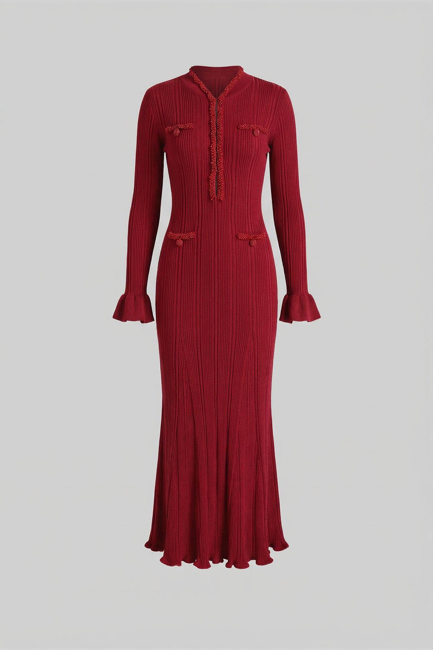 Ribbed Long Sleeve Midi Dress With Braided Trim Details - Burgundy