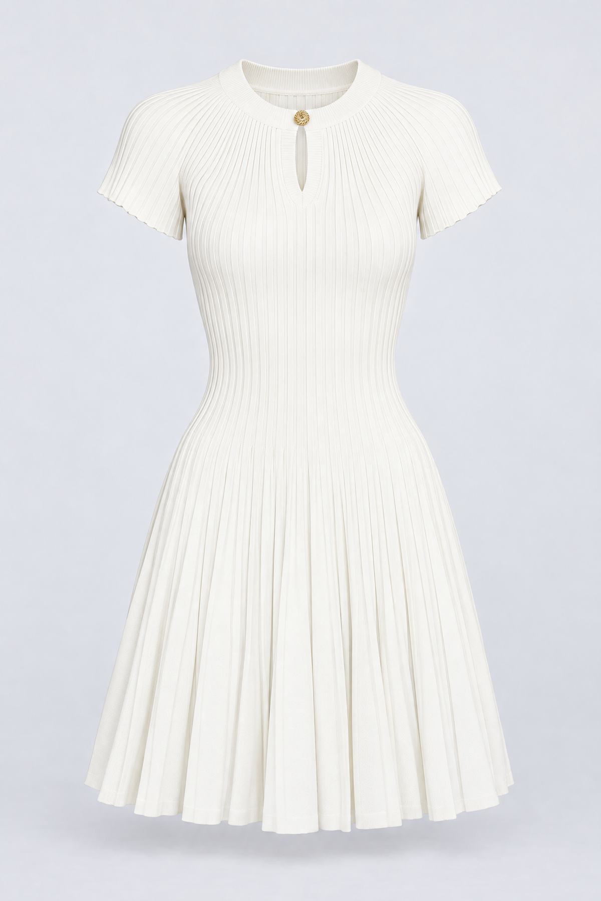 Ribbed Knit Mini Dress With Gold Button Keyhole Neckline - White