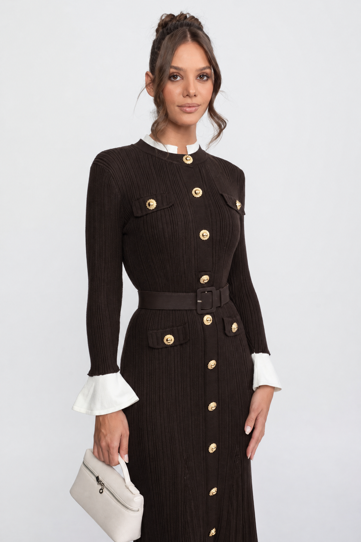 Ribbed Knit Belted Midi Dress With White Cuffs And Collar - Brown