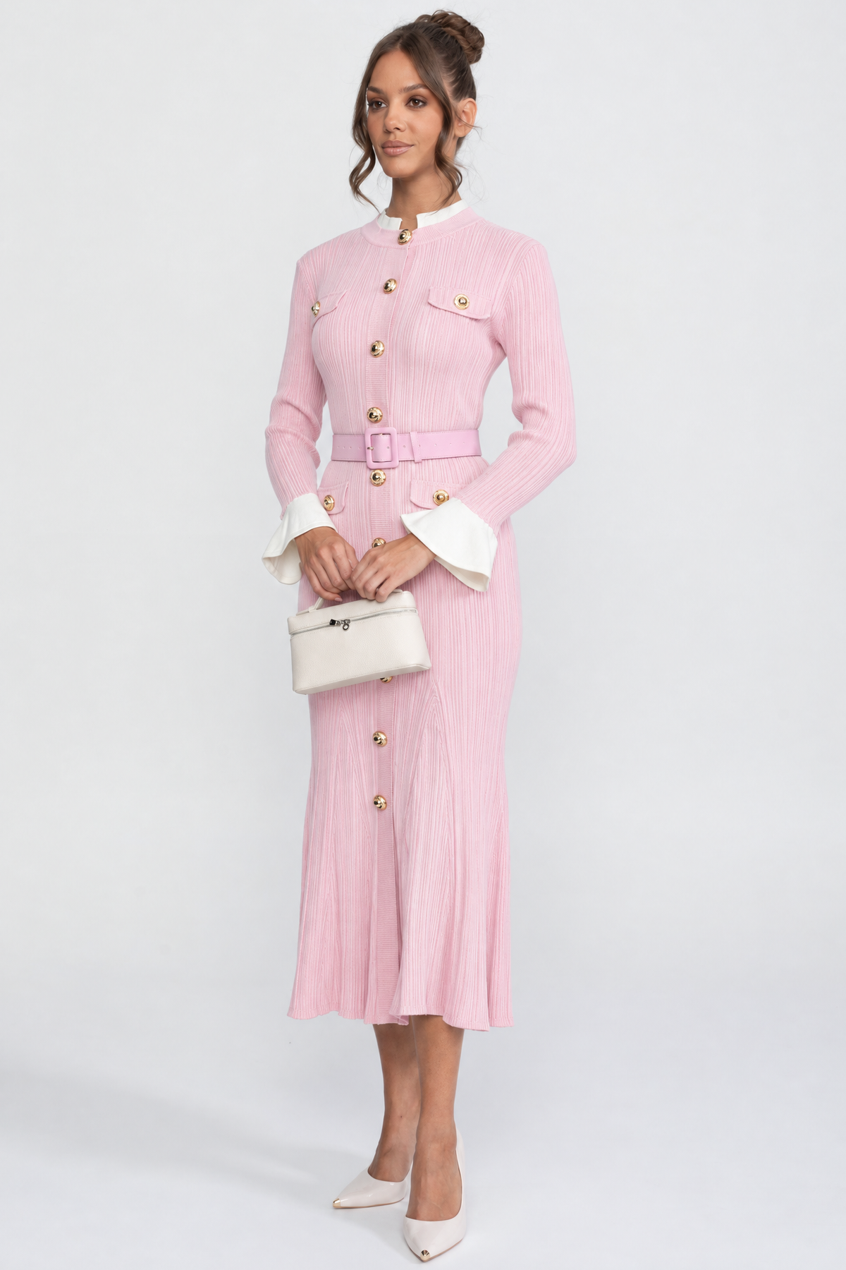 Ribbed Knit Belted Midi Dress With White Cuffs And Collar - Pink