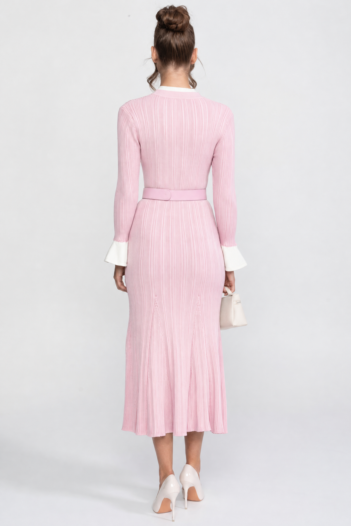 Ribbed Knit Belted Midi Dress With White Cuffs And Collar - Pink