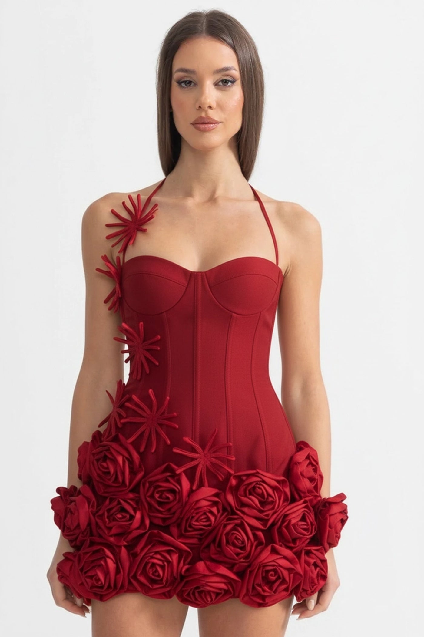 embellished corset kaftan mini dress Corset Mini Dress with Sculpted Floral Hem – Red, L