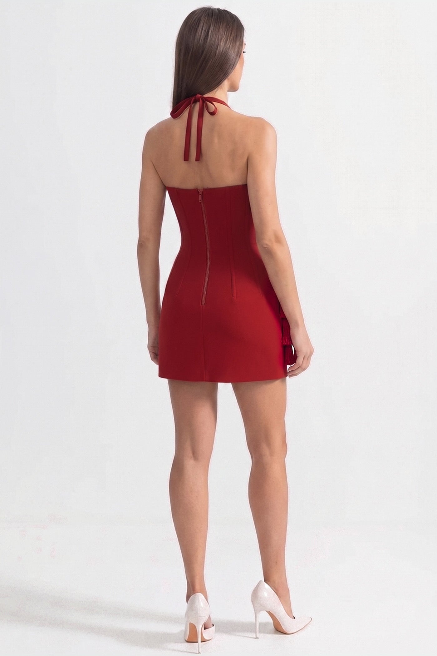 Corset Mini Dress with Sculpted Floral Hem – Red