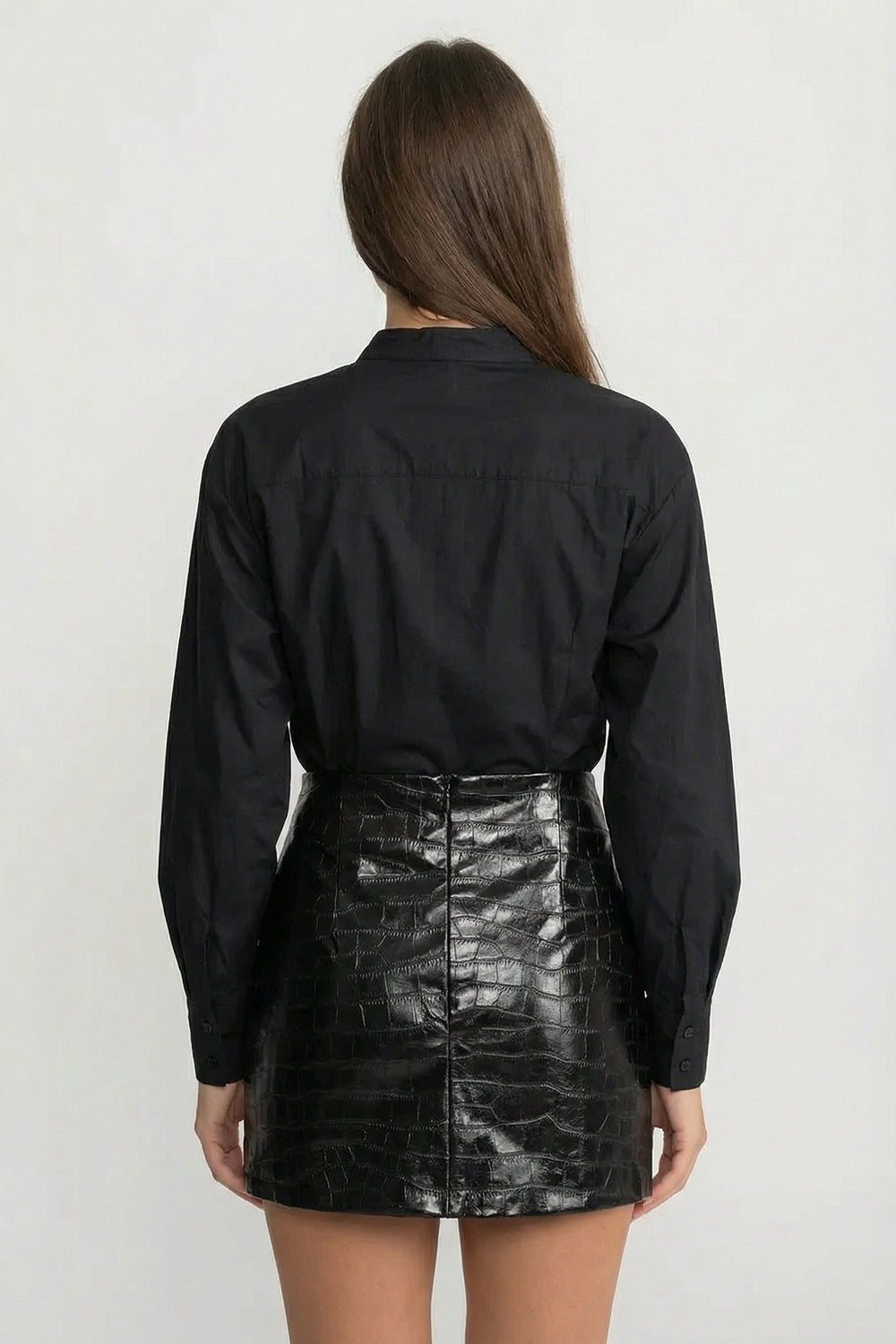 Croc-Effect Mini Skirt With Statement Gold Button - Black