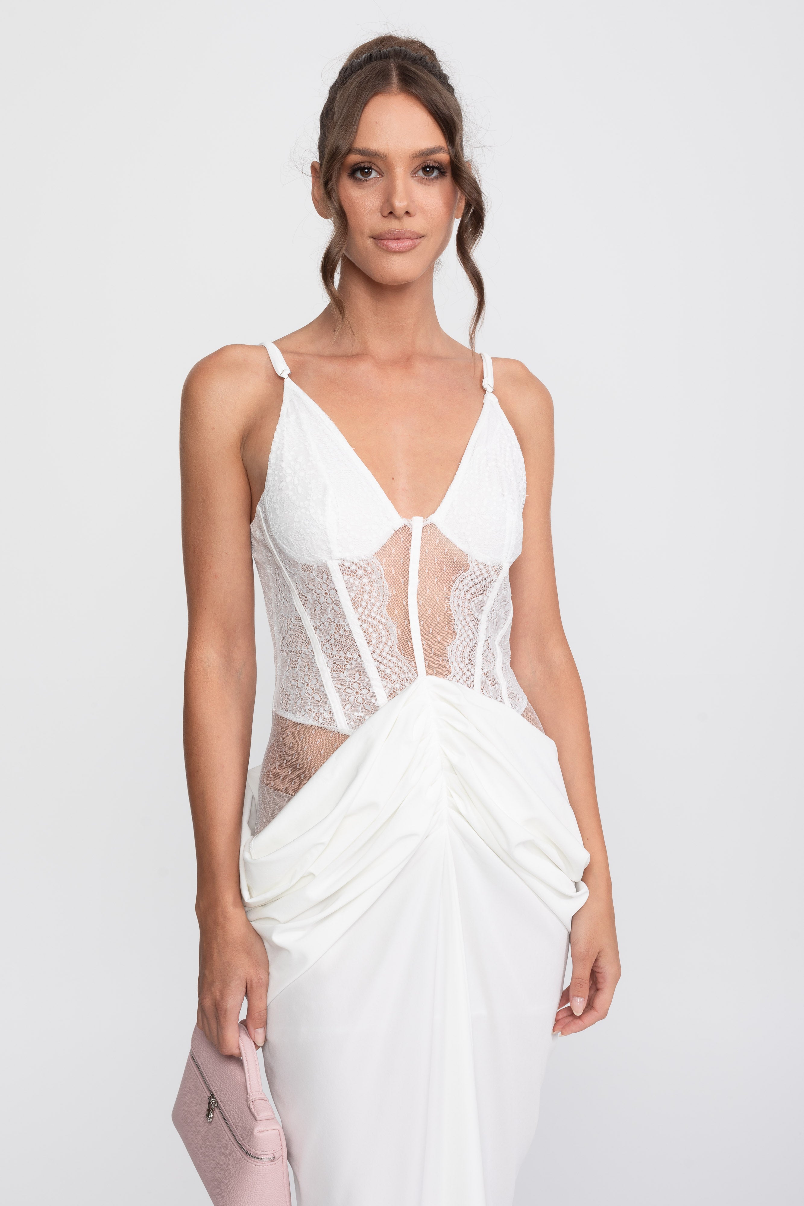 Lace Bodice Draped Gown With Spaghetti Straps - White