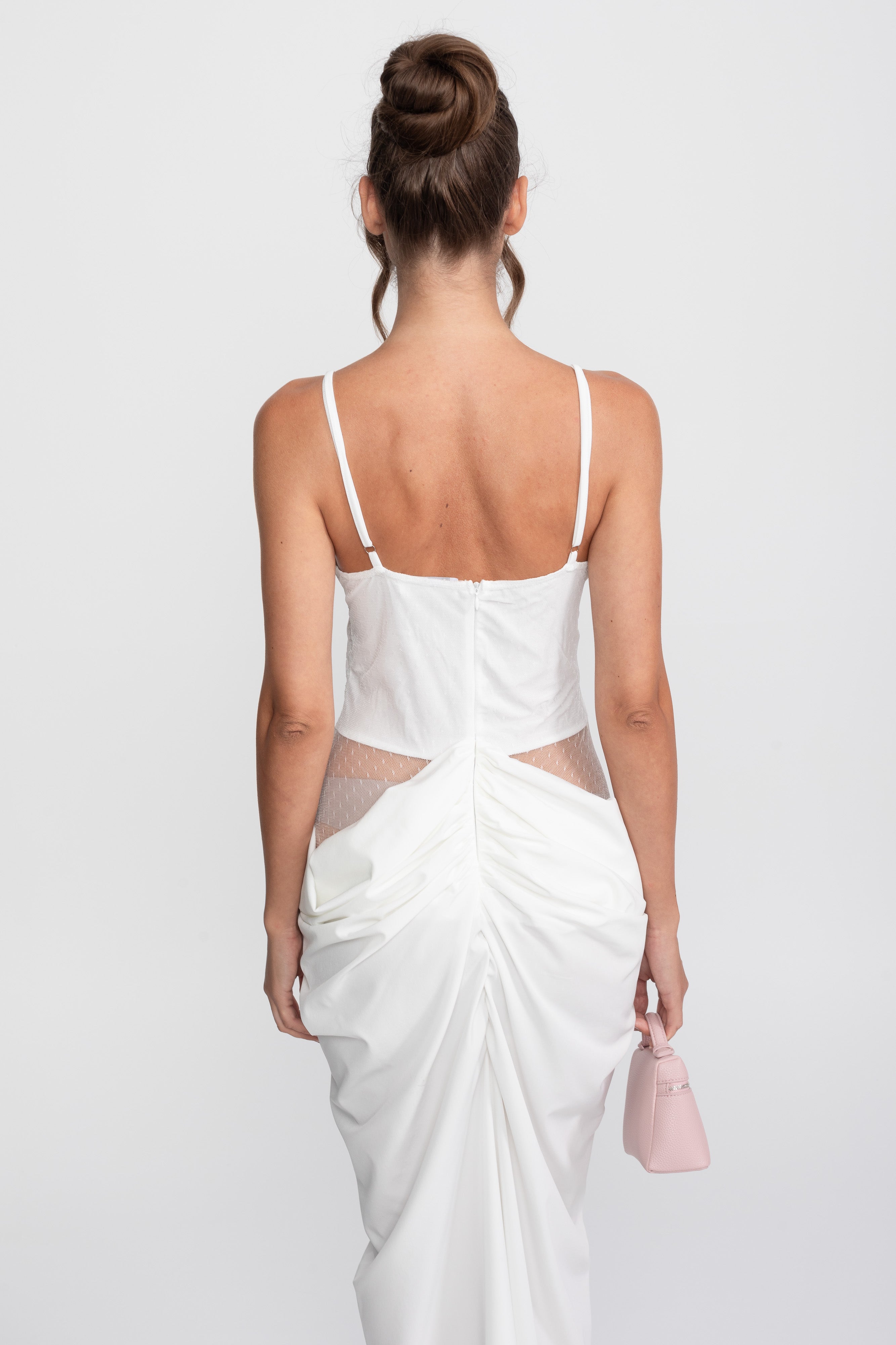 Lace Bodice Draped Gown With Spaghetti Straps - White