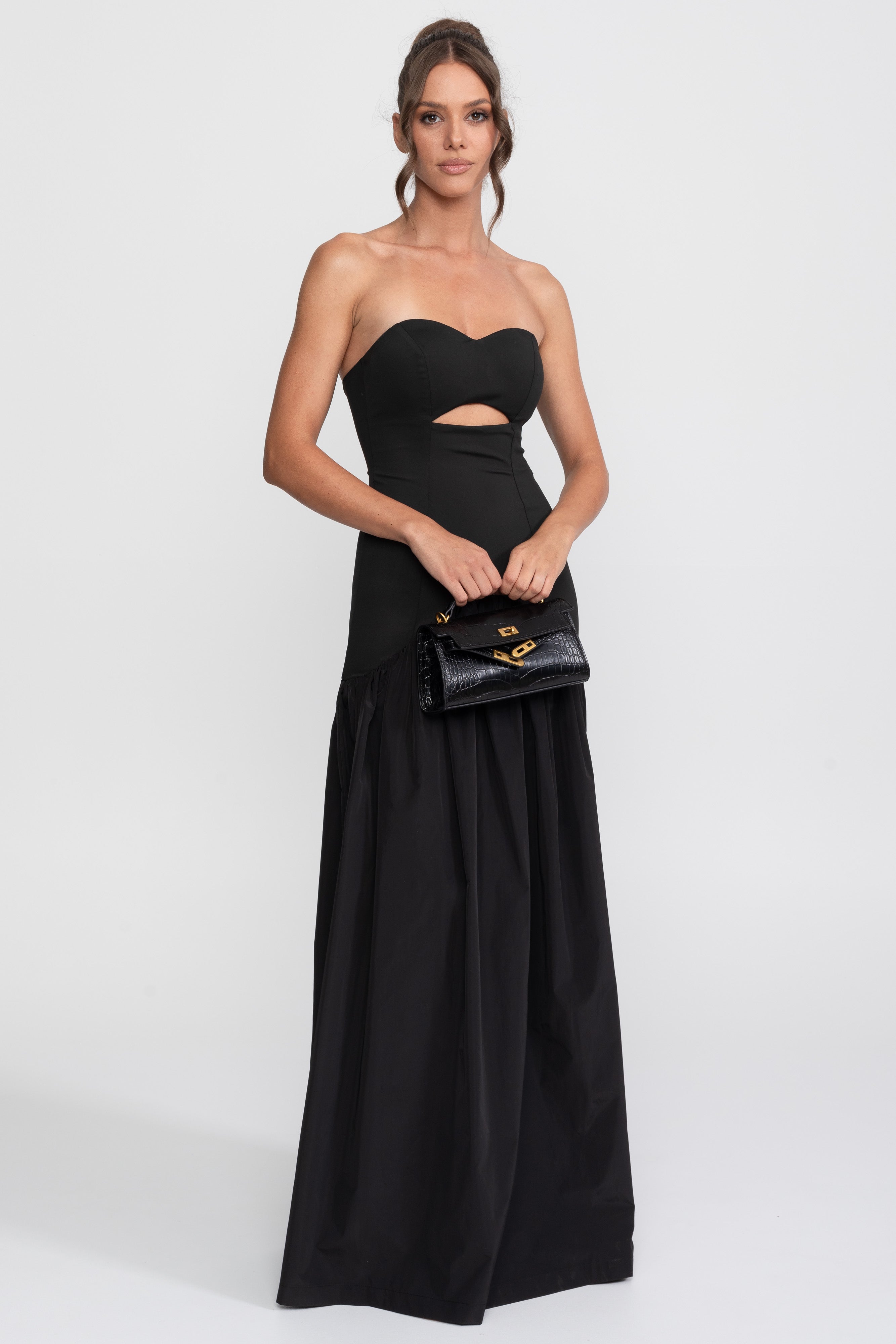 Cutout Sweetheart Drop-Waist Gown With Gathered Skirt - Black
