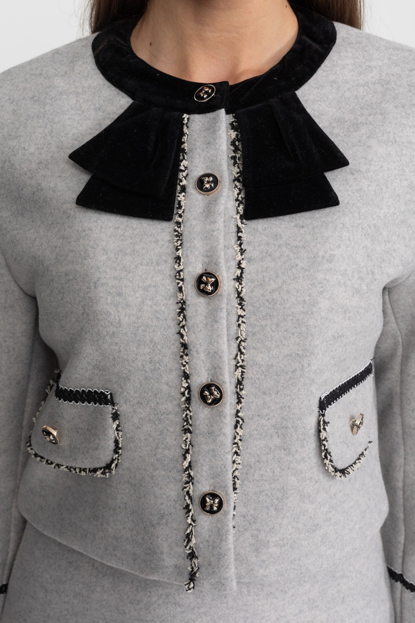 Co-Ord Set with Velvet Bow Collar Detail – Grey