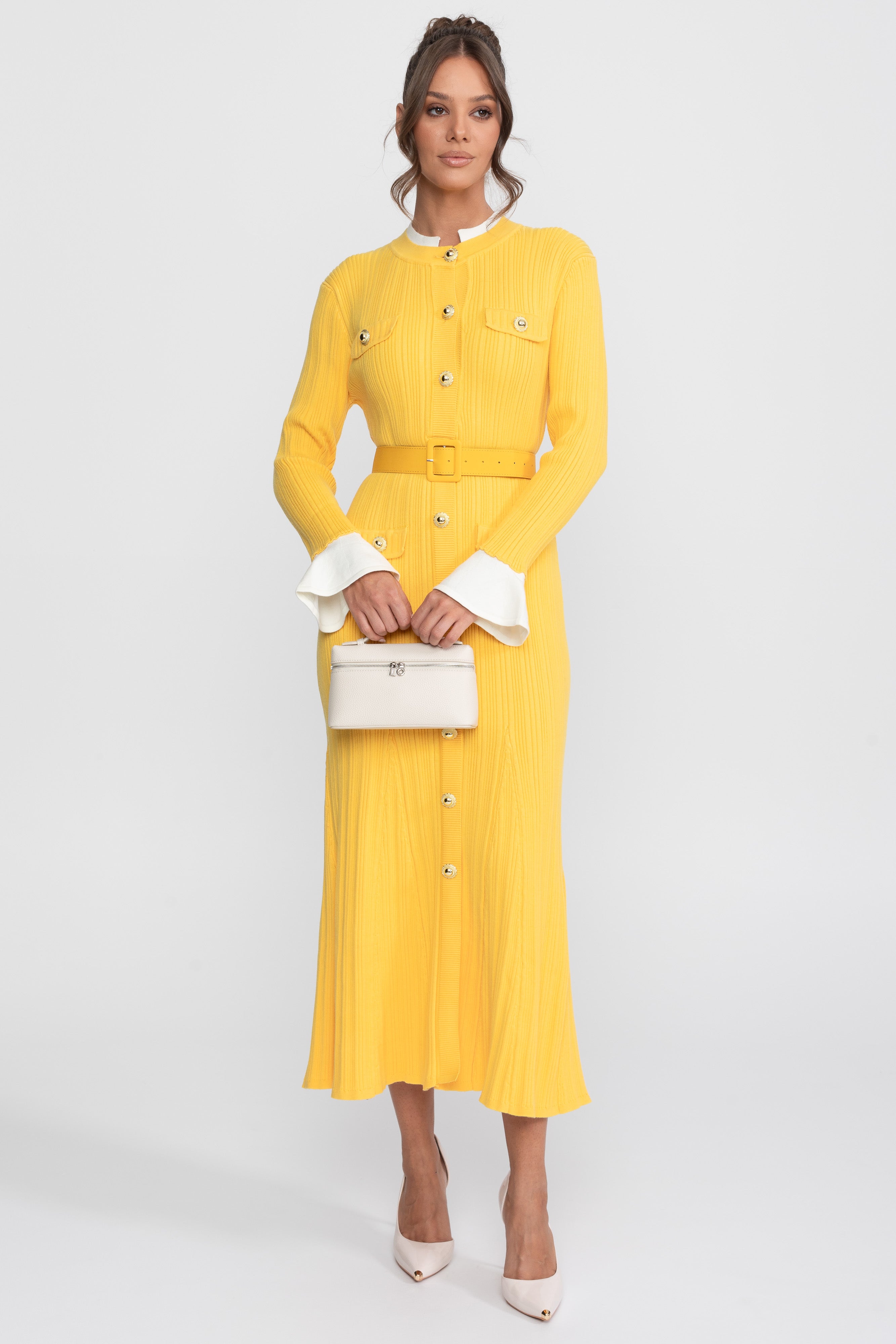Ribbed Knit Belted Midi Dress With White Cuffs And Collar - Yellow