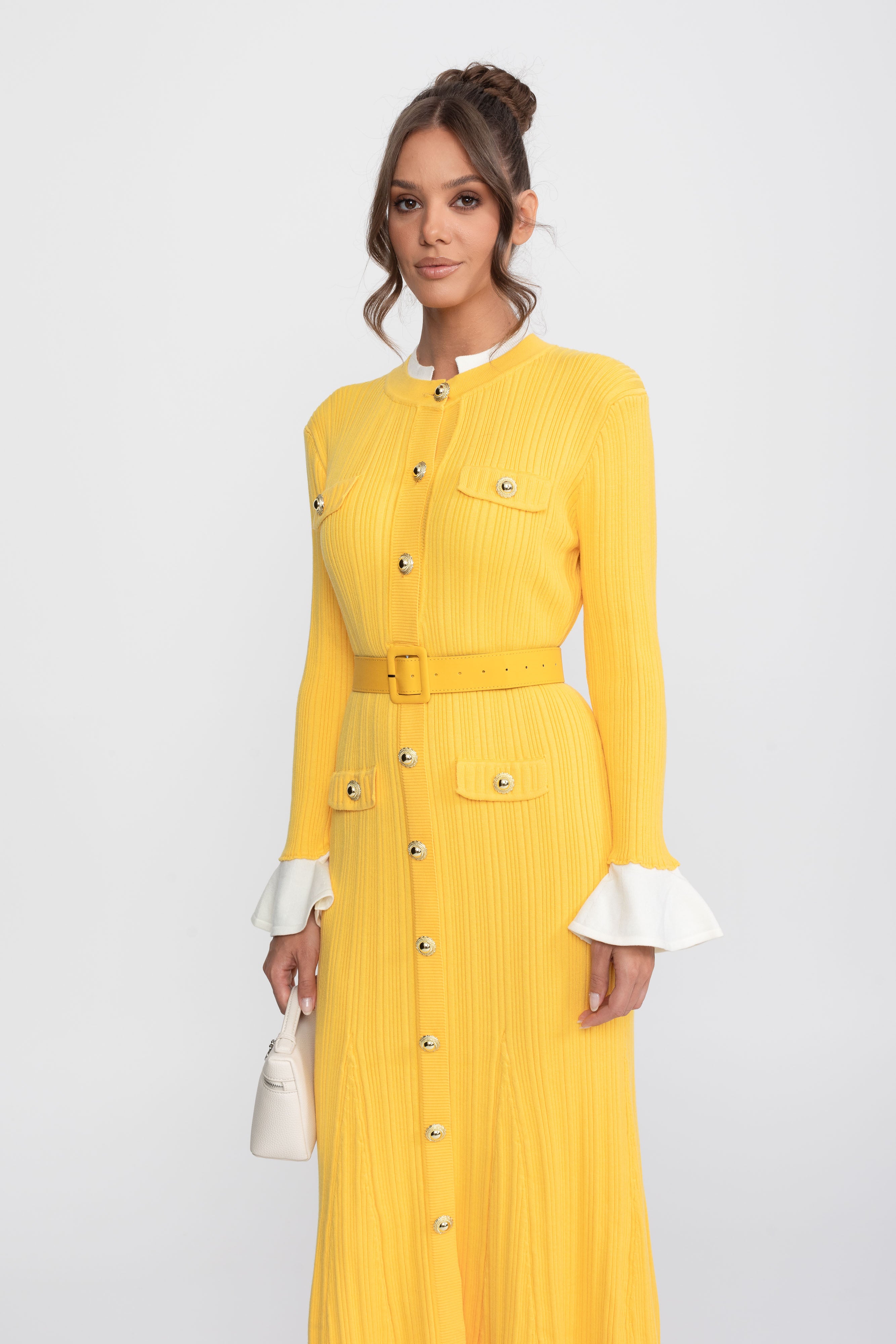 Ribbed Knit Belted Midi Dress With White Cuffs And Collar - Yellow