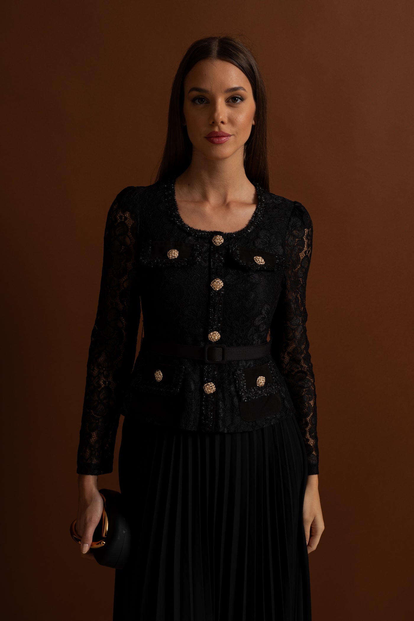 Lace and Pleated Midi Dress with Gold Button Detailing - Black
