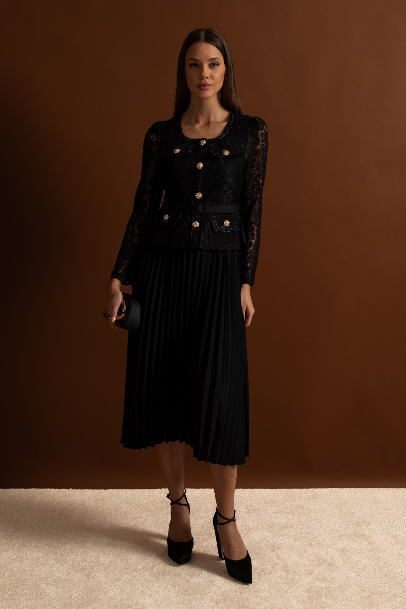 Lace and Pleated Midi Dress with Gold Button Detailing - Black