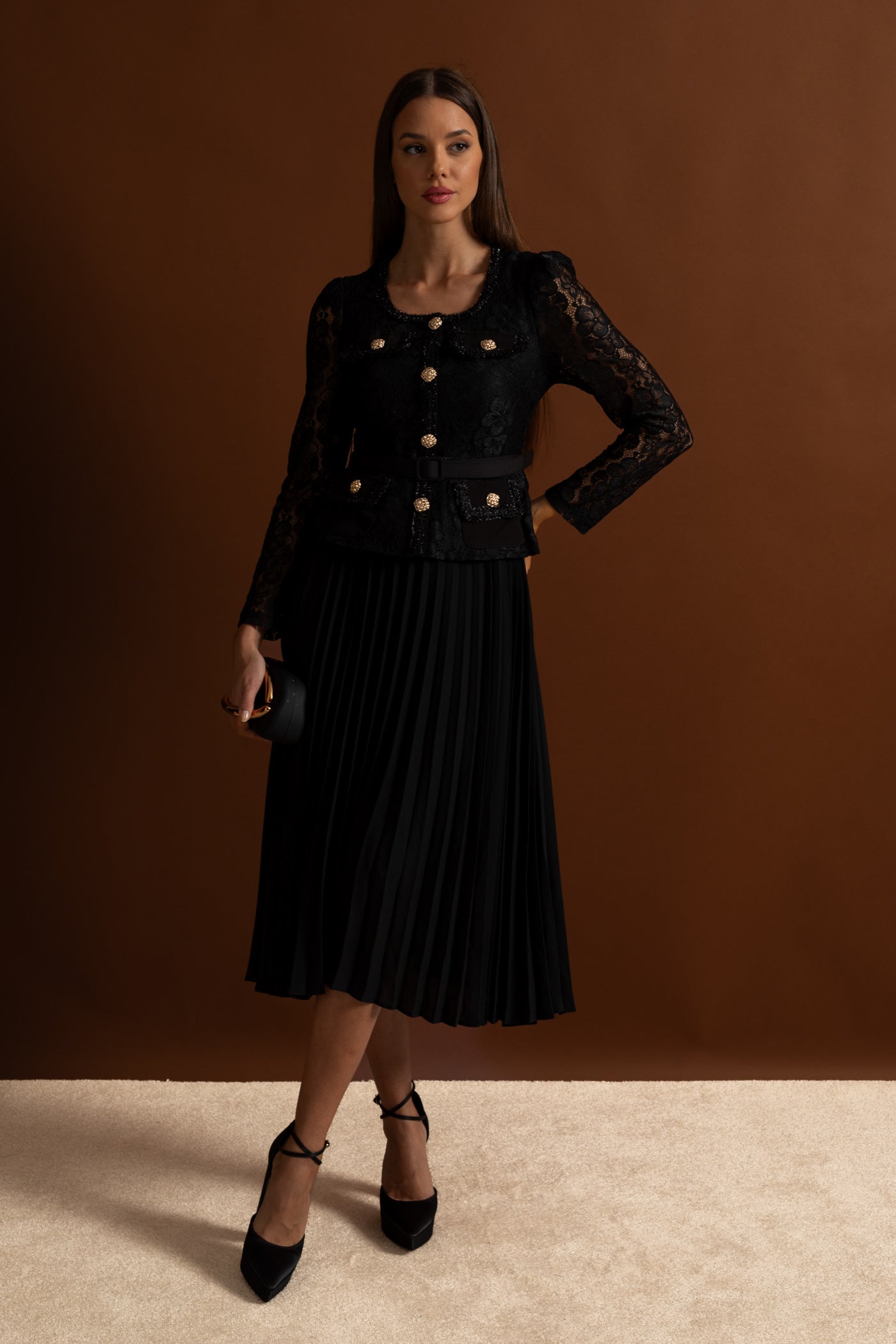 Lace and Pleated Midi Dress with Gold Button Detailing - Black