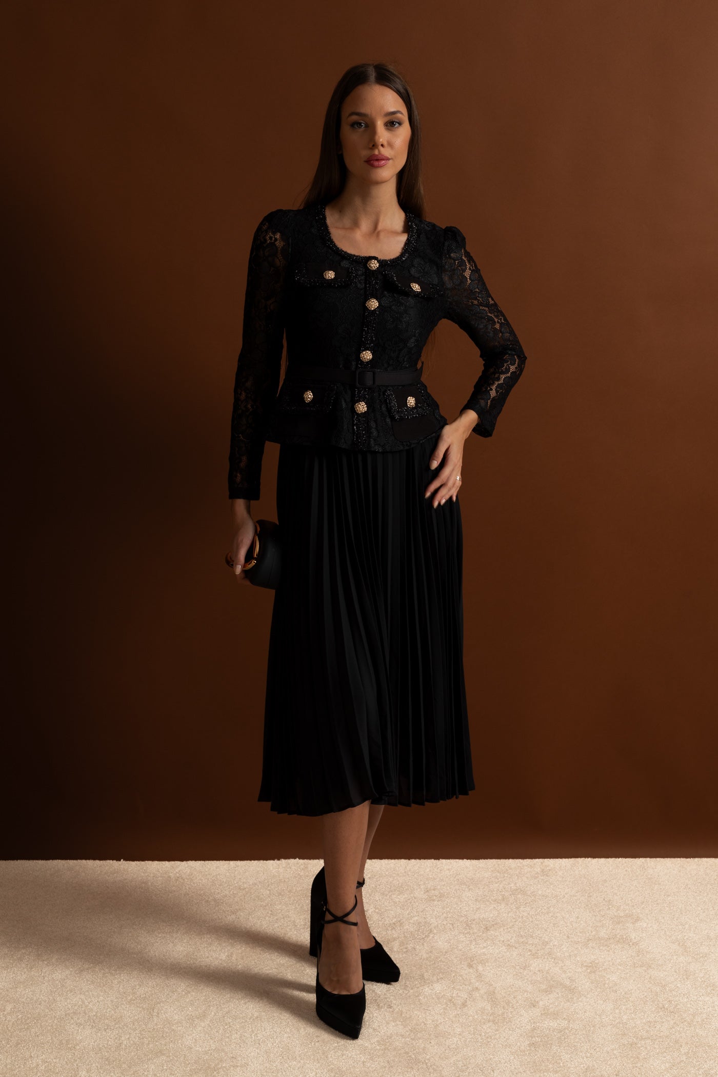 Lace and Pleated Midi Dress with Gold Button Detailing - Black
