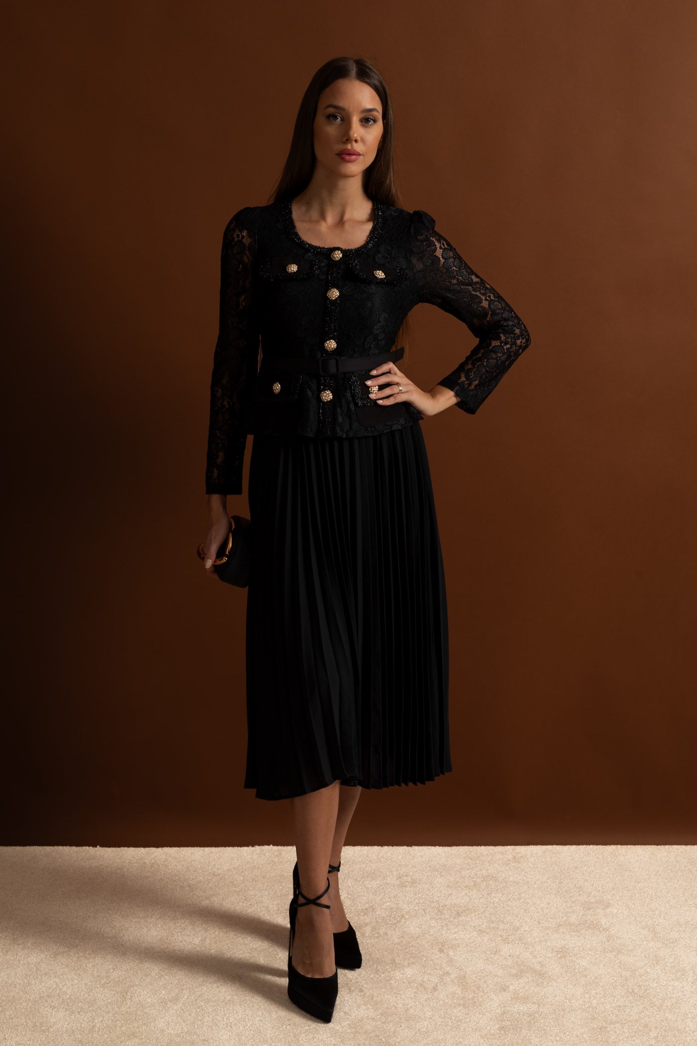 Lace and Pleated Midi Dress with Gold Button Detailing - Black