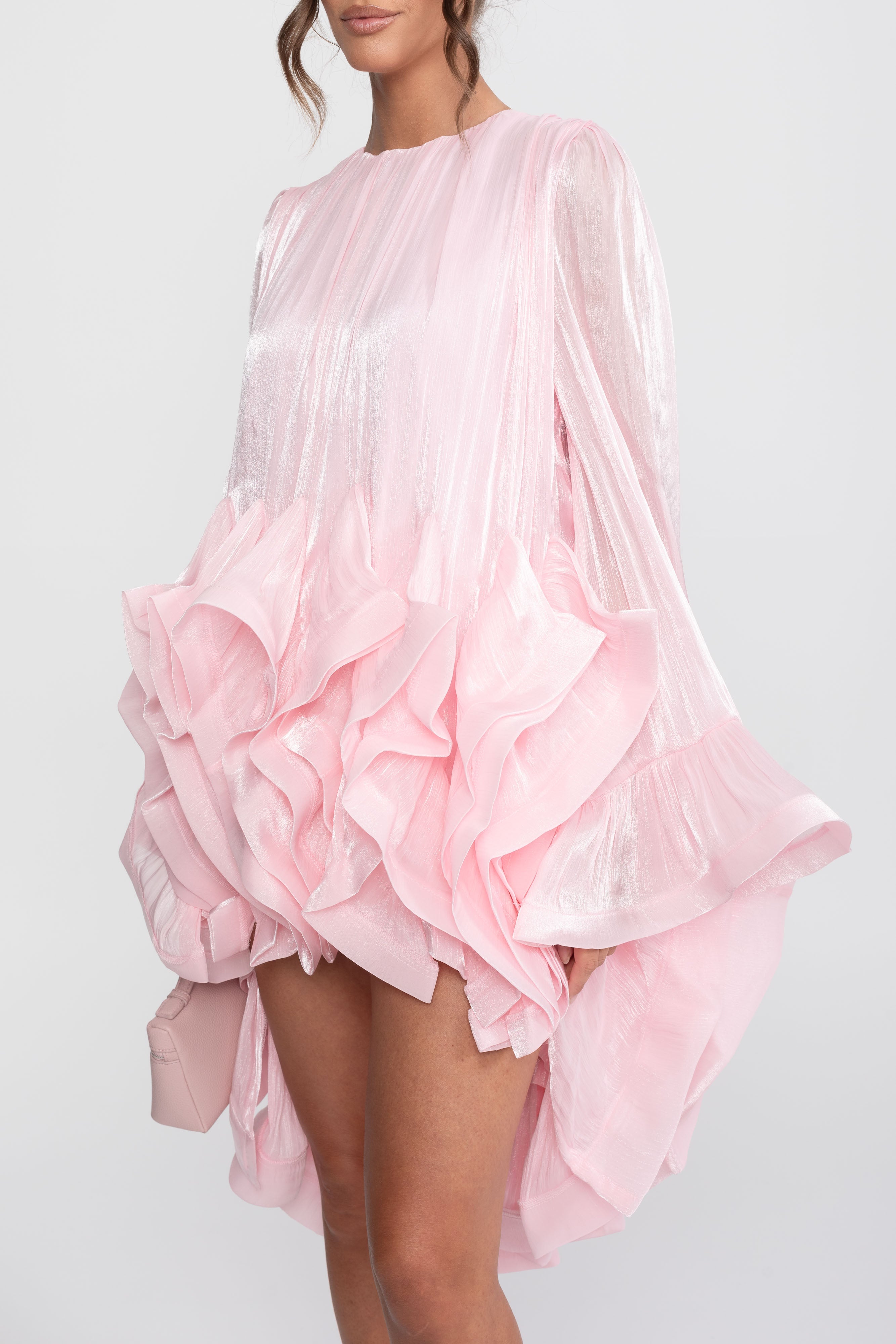 Asymmetric Ruffle Hem Mini Dress With Satin Finish - Pink