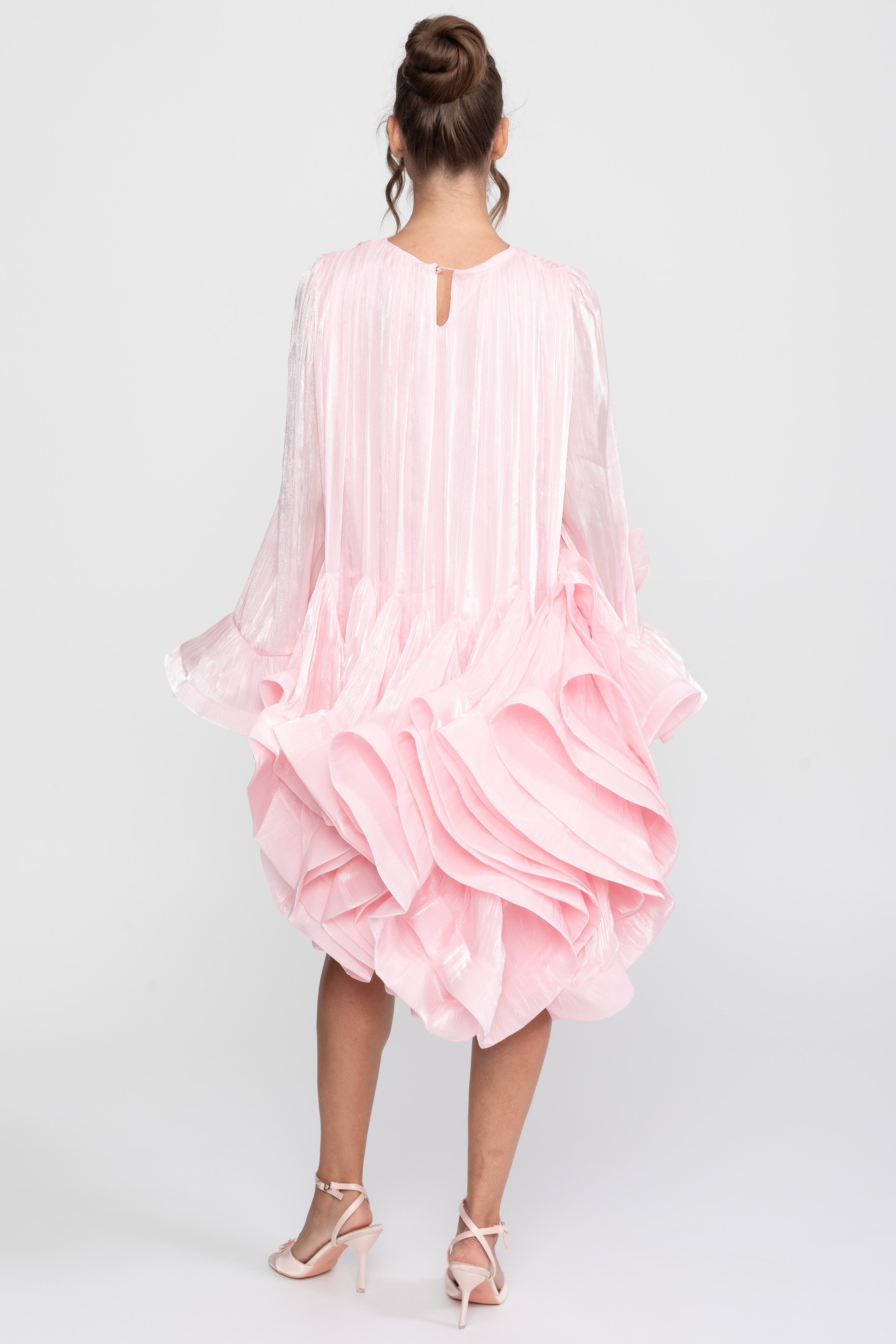 Asymmetric Ruffle Hem Mini Dress With Satin Finish - Pink
