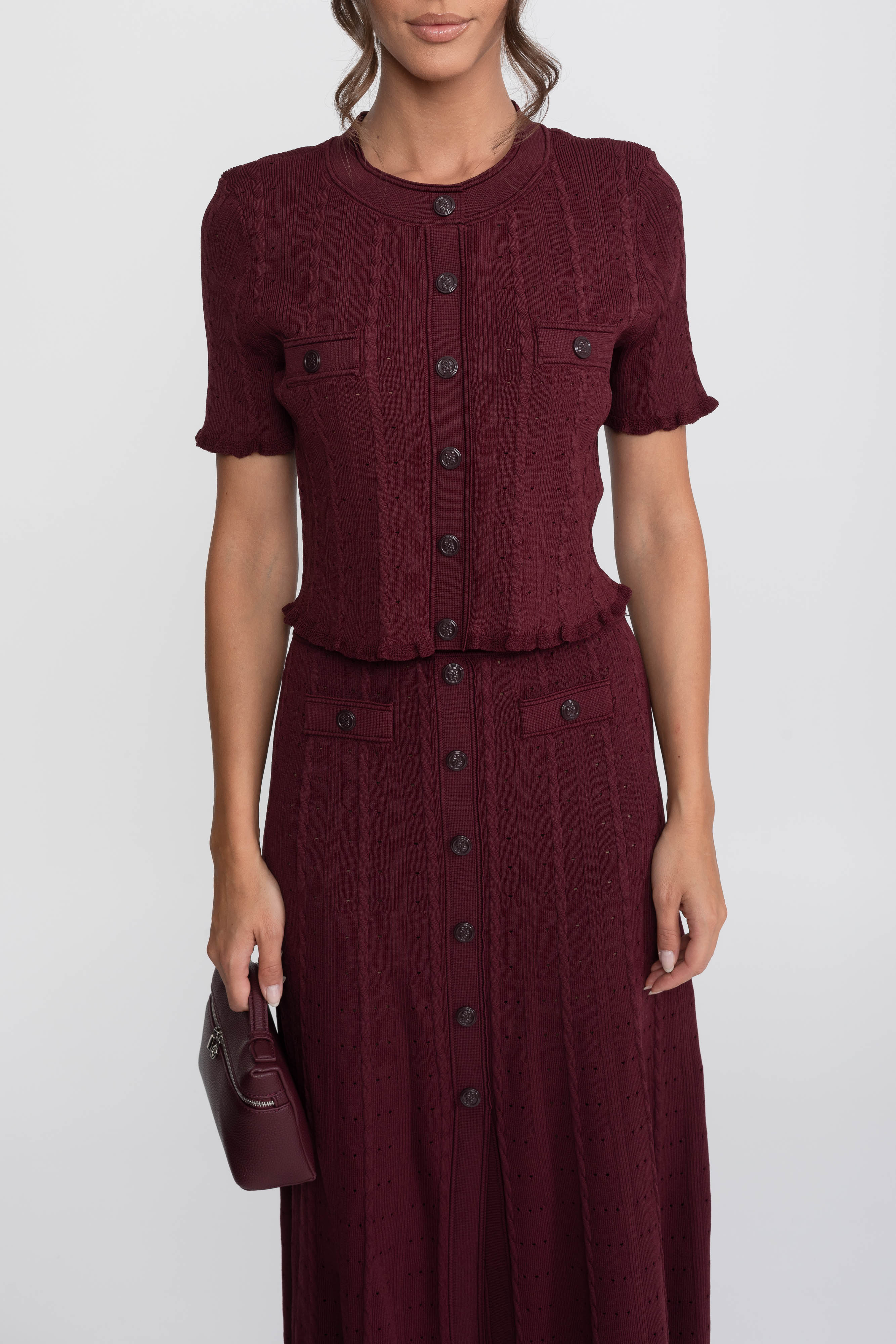 Ribbed Knit Co-Ord Set With Buttoned Front Cardigan And Matching Maxi Skirt - Burgundy
