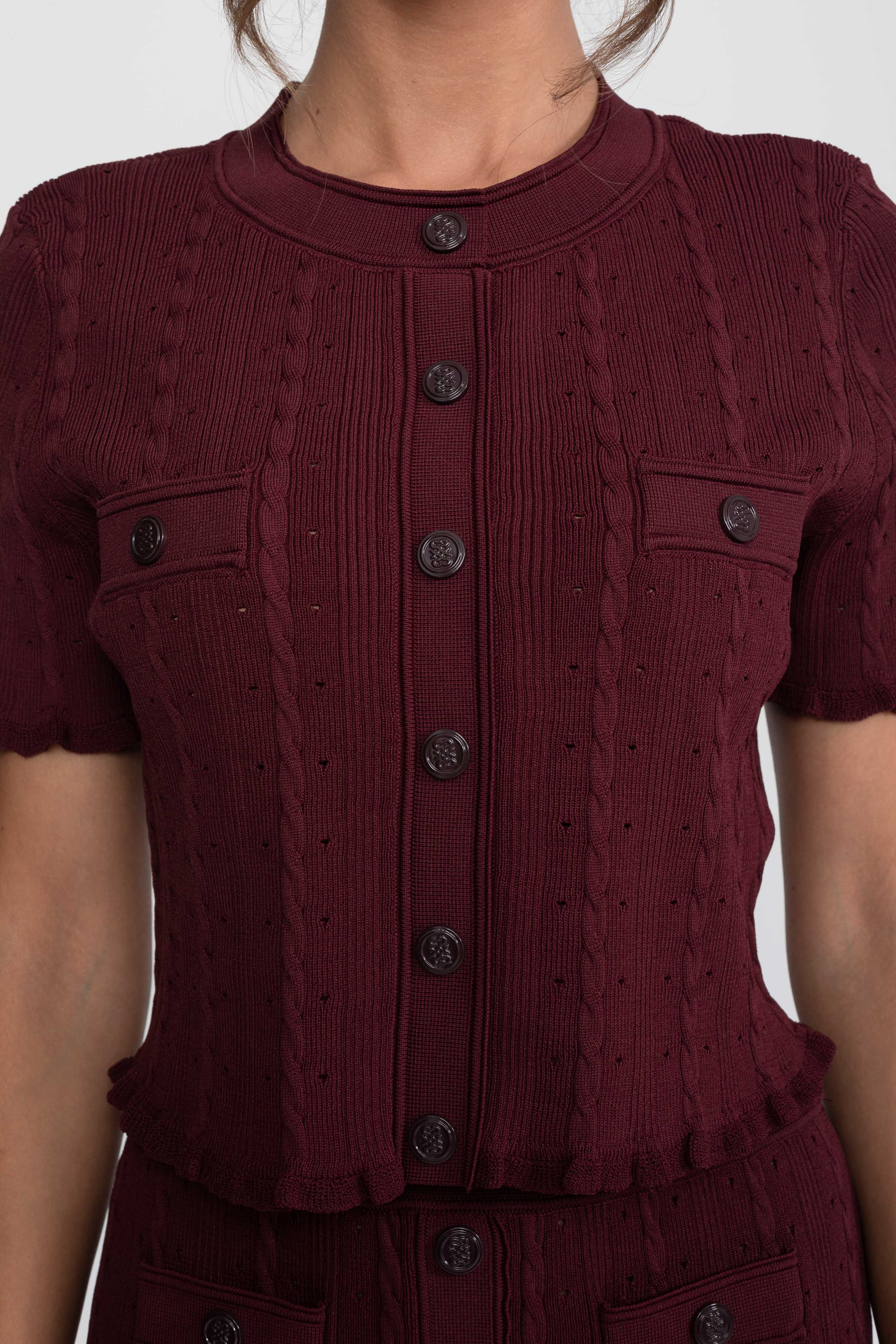 Ribbed Knit Co-Ord Set With Buttoned Front Cardigan And Matching Maxi Skirt - Burgundy