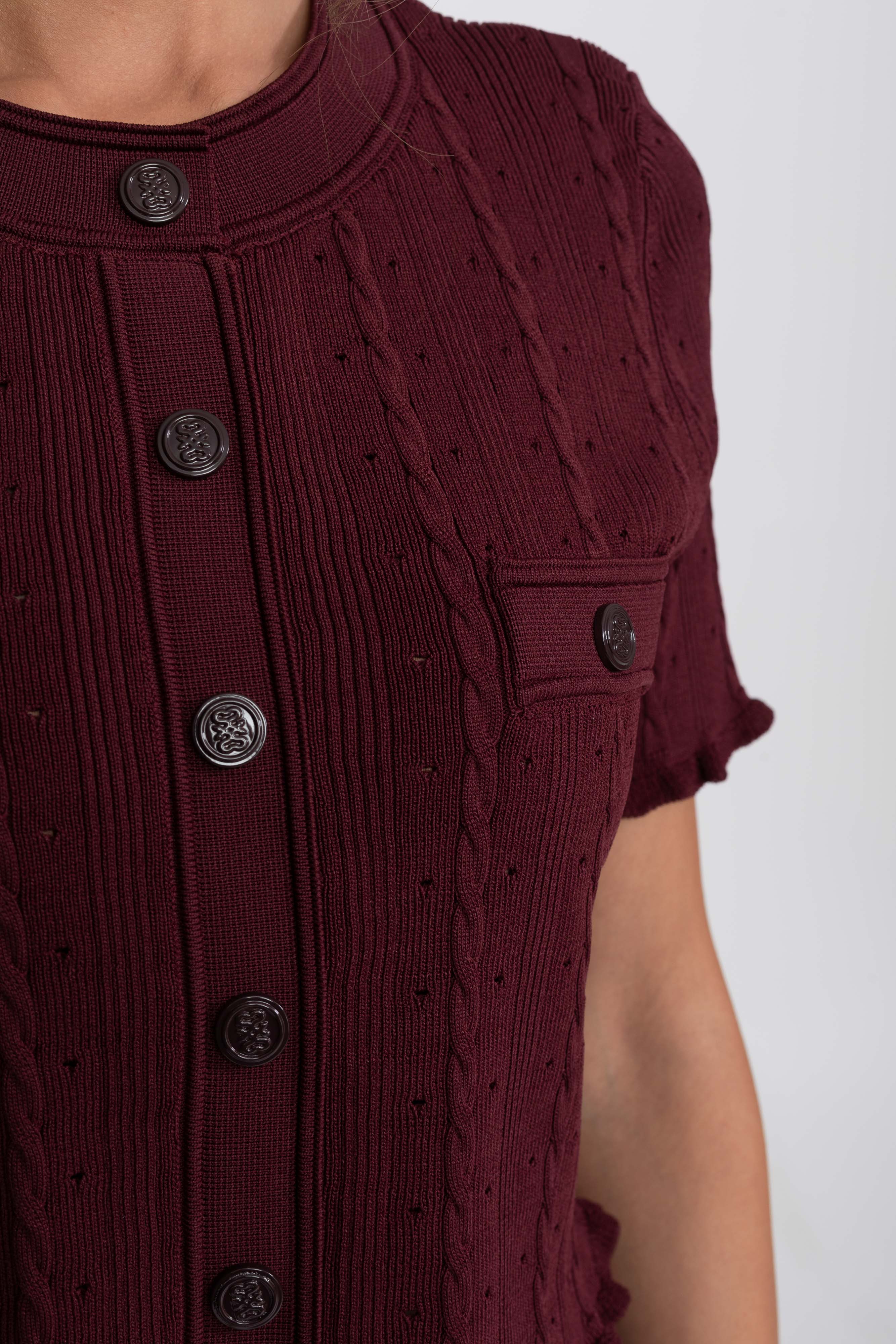 Ribbed Knit Co-Ord Set With Buttoned Front Cardigan And Matching Maxi Skirt - Burgundy