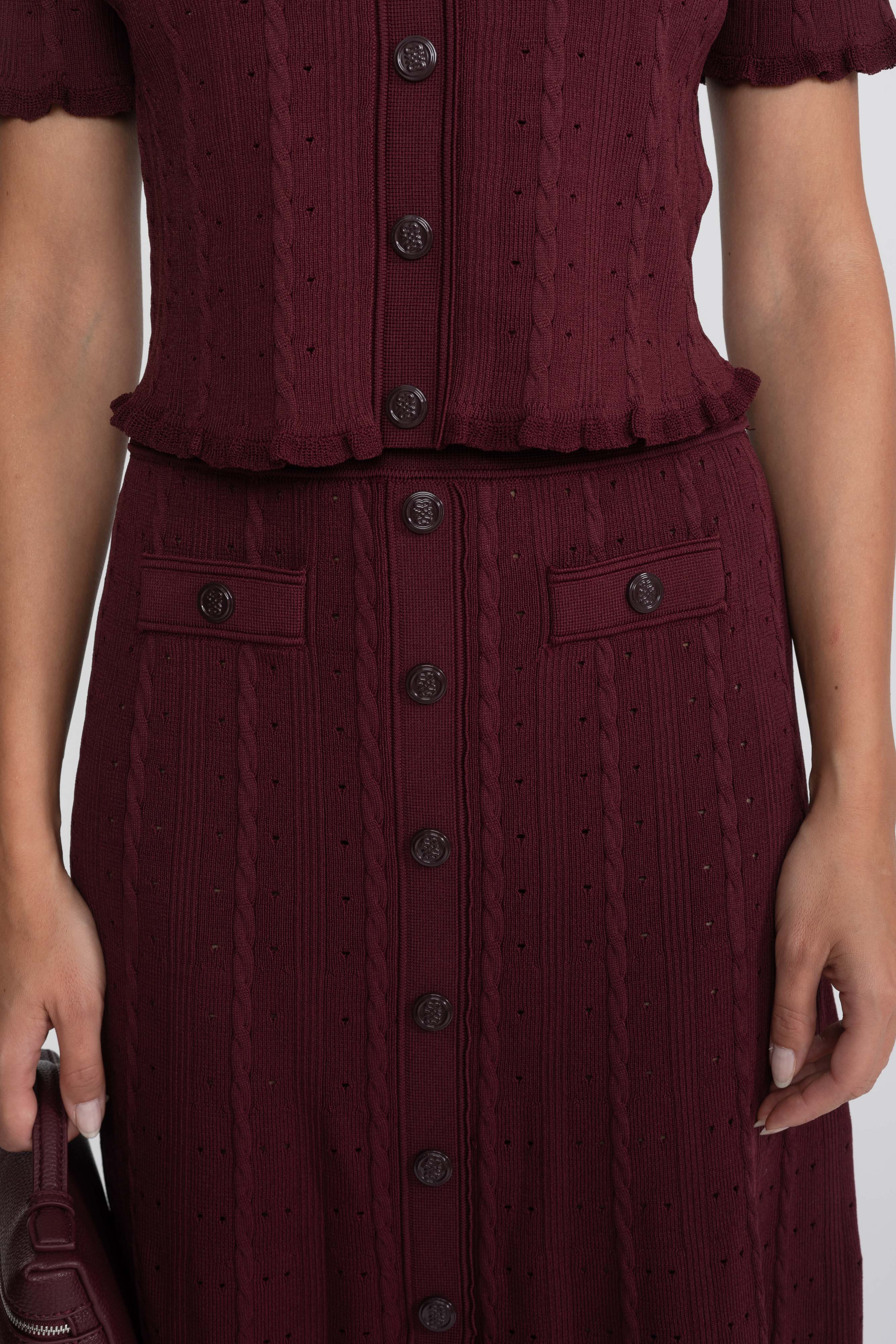 Ribbed Knit Co-Ord Set With Buttoned Front Cardigan And Matching Maxi Skirt - Burgundy