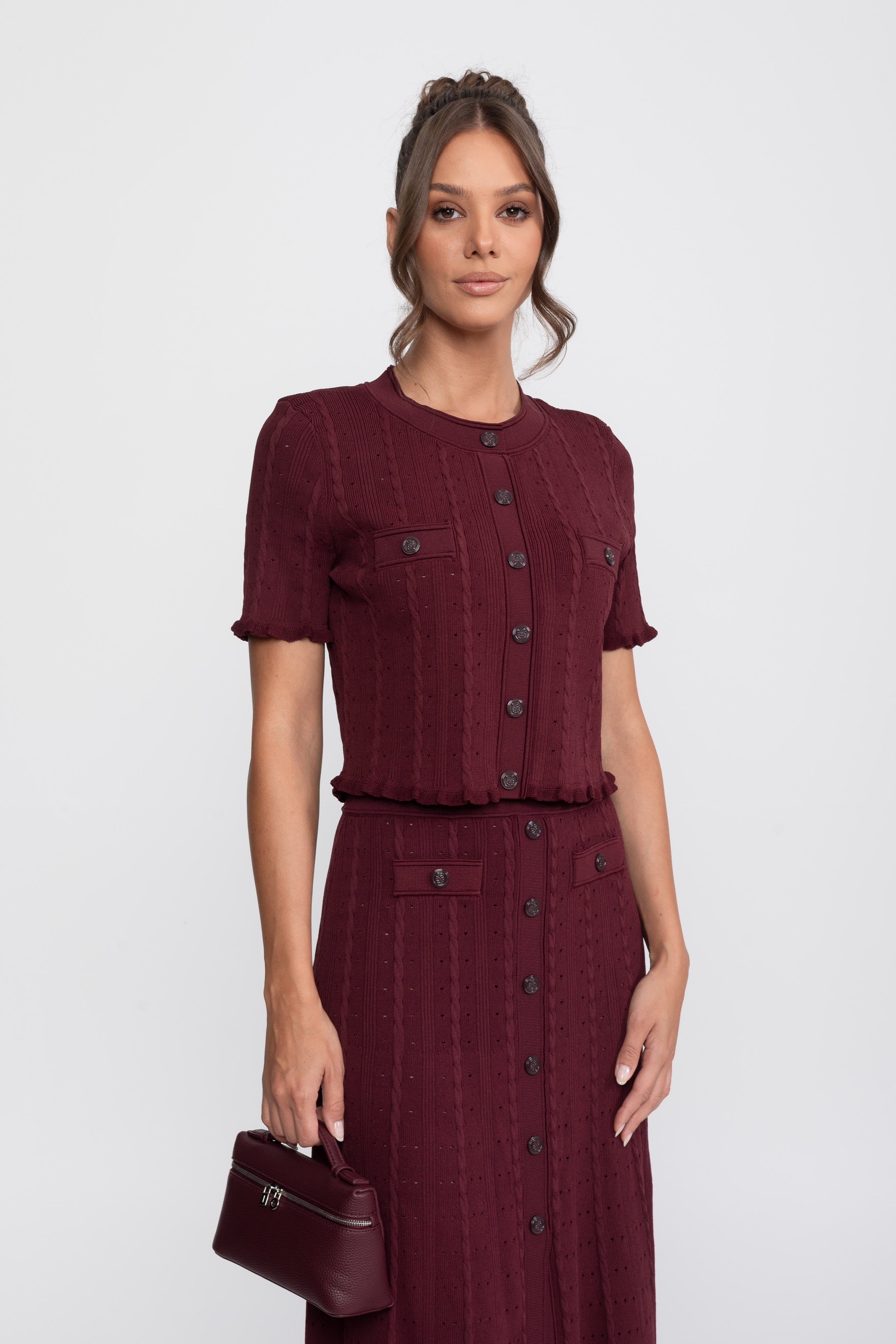 Ribbed Knit Co-Ord Set With Buttoned Front Cardigan And Matching Maxi Skirt - Burgundy