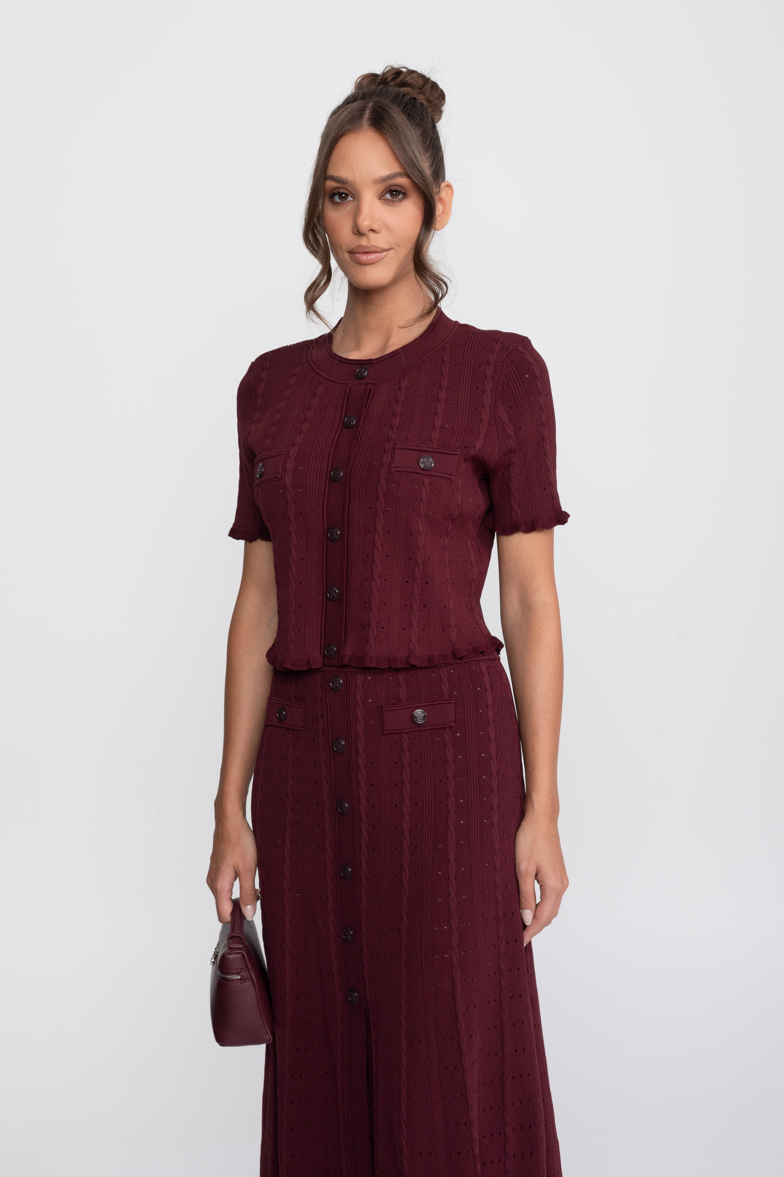 Ribbed Knit Co-Ord Set With Buttoned Front Cardigan And Matching Maxi Skirt - Burgundy