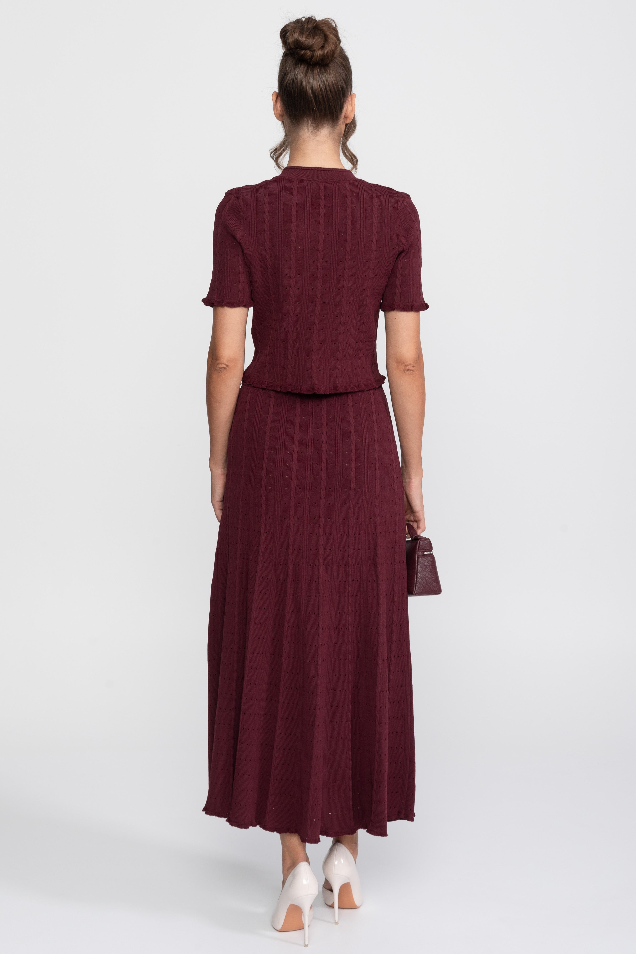 Ribbed Knit Co-Ord Set With Buttoned Front Cardigan And Matching Maxi Skirt - Burgundy