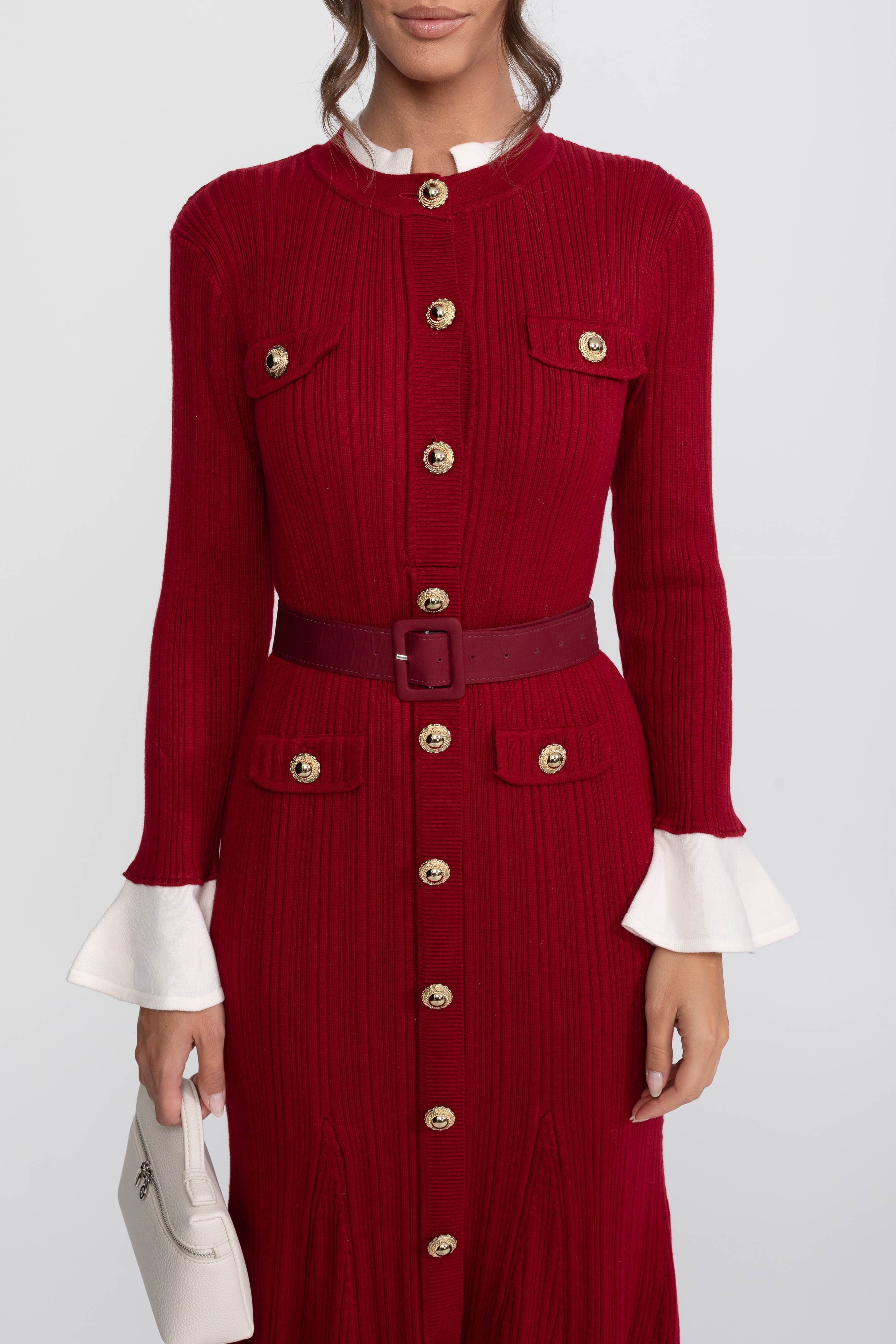 Ribbed Knit Belted Midi Dress With White Cuffs And Collar - Burgundy
