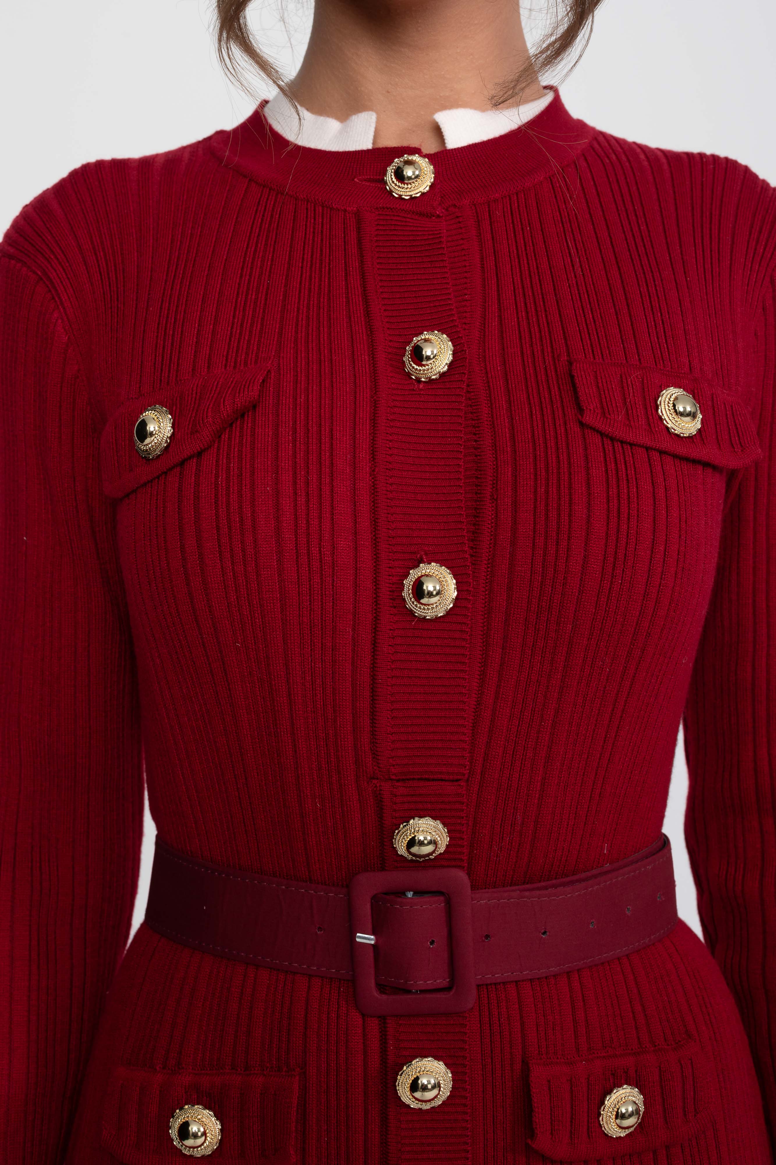 Ribbed Knit Belted Midi Dress With White Cuffs And Collar - Burgundy