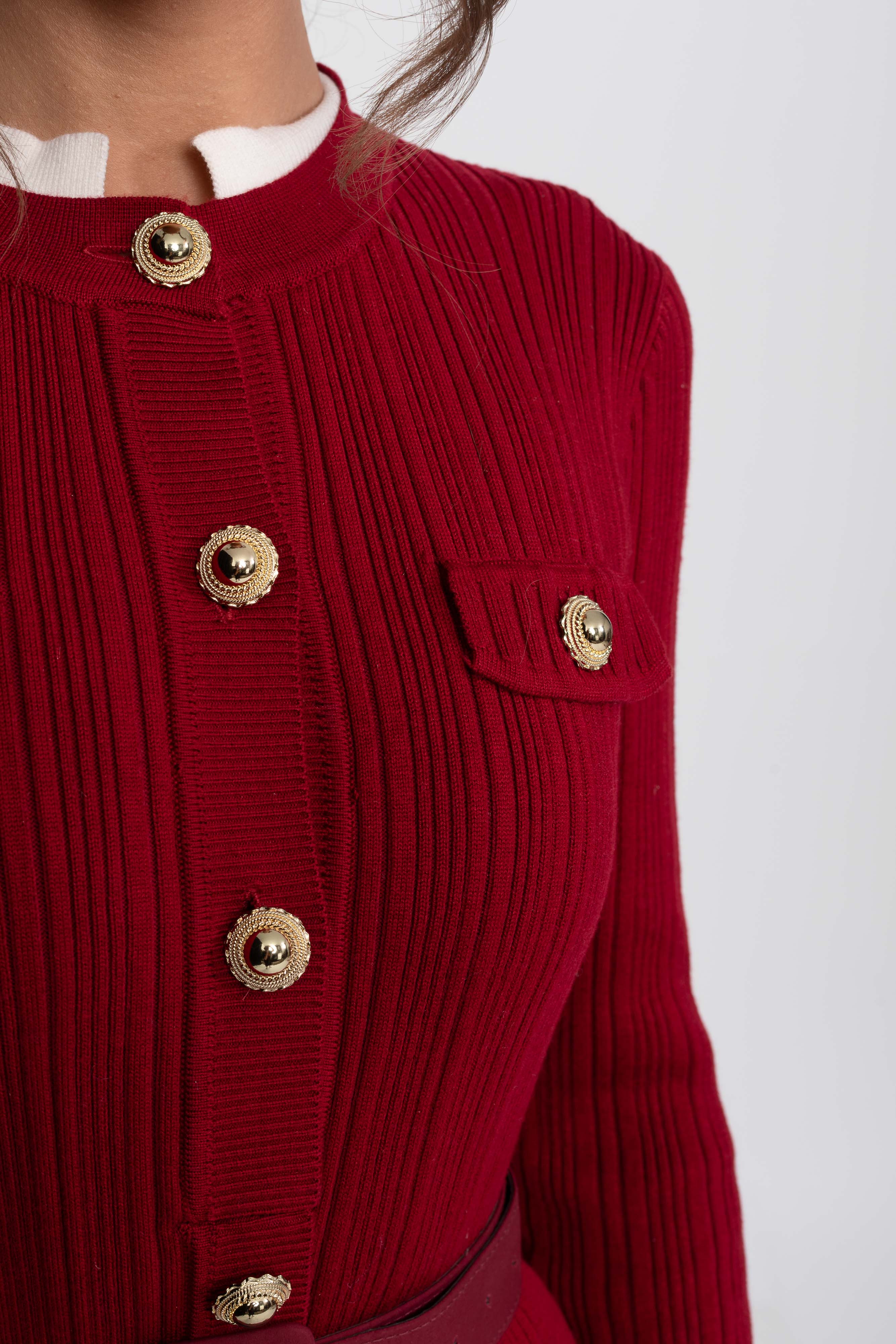Ribbed Knit Belted Midi Dress With White Cuffs And Collar - Burgundy