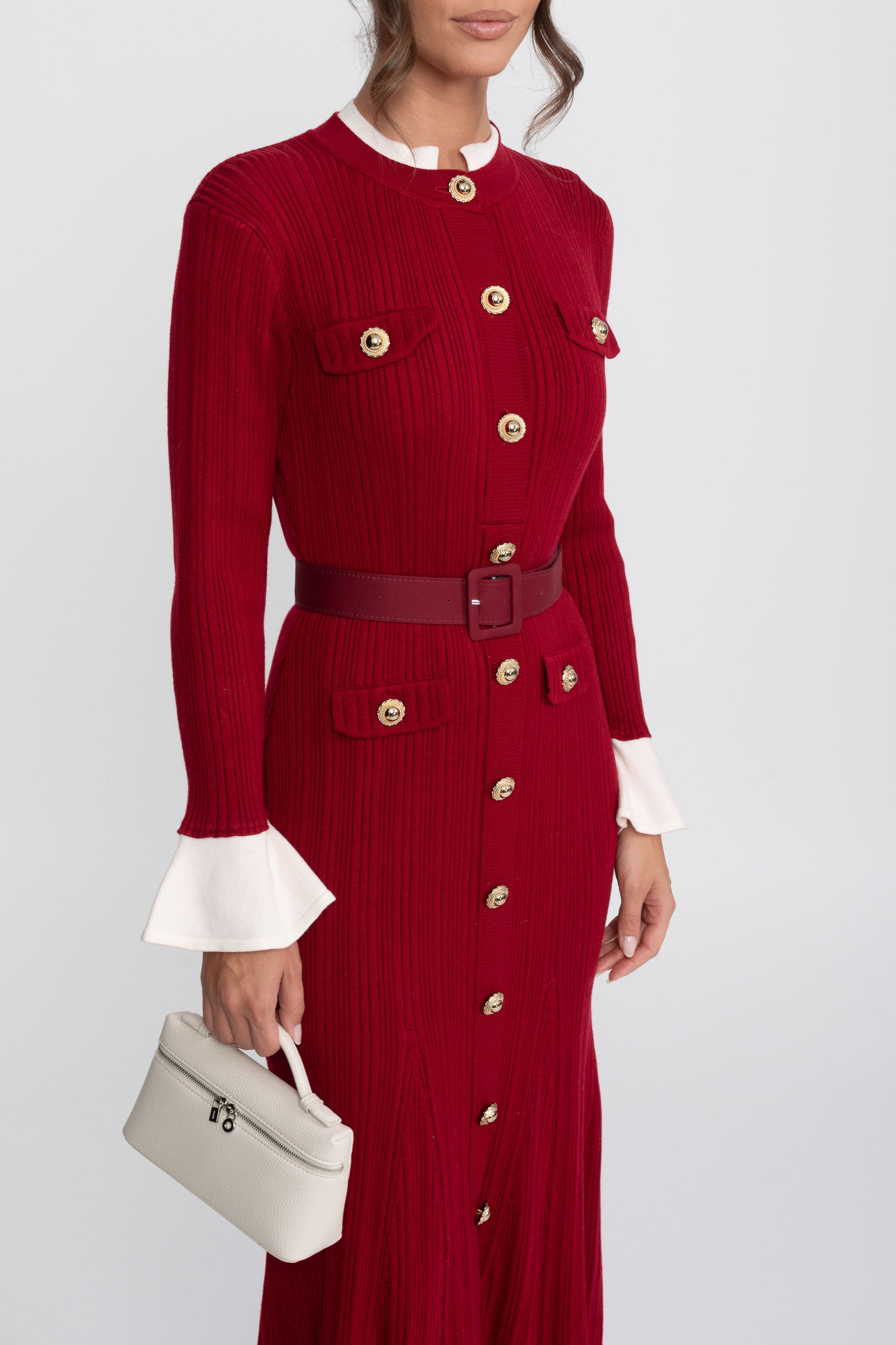 Ribbed Knit Belted Midi Dress With White Cuffs And Collar - Burgundy