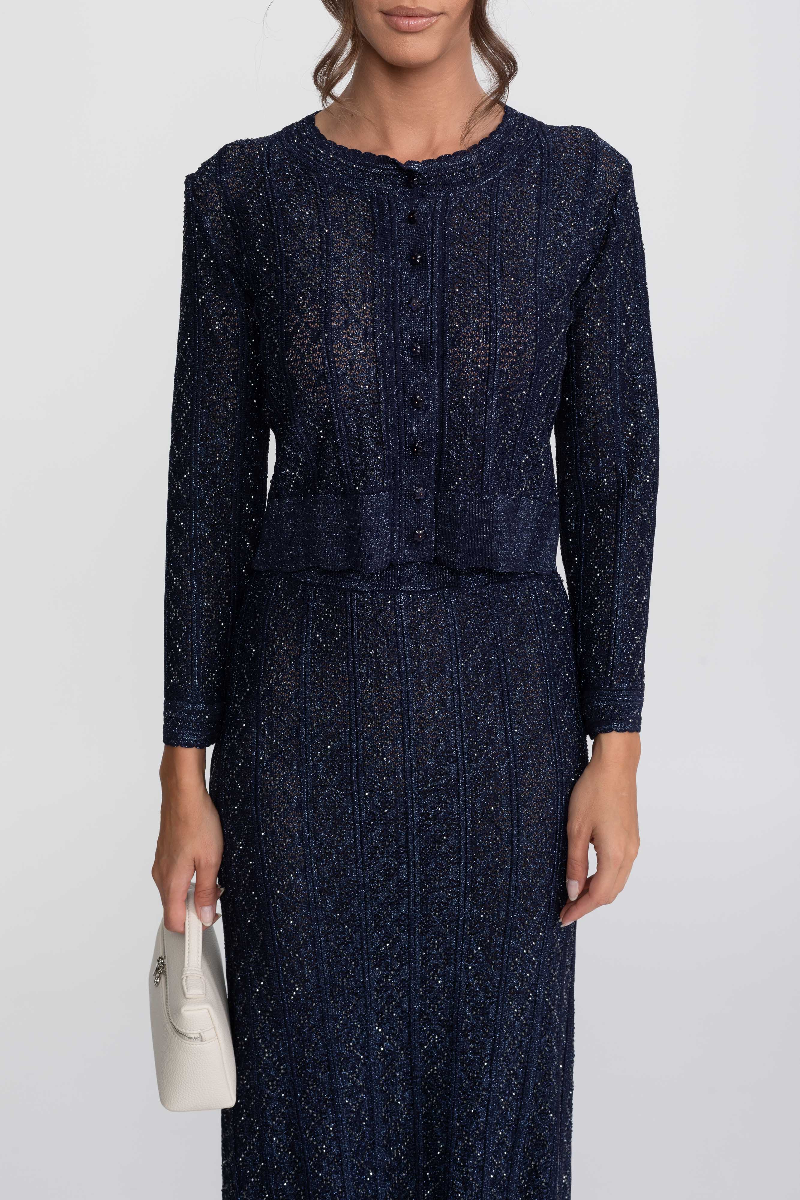 Long-Sleeve Diamond-Pattern Lace Co-Ord Set With Maxi Skirt - Navy